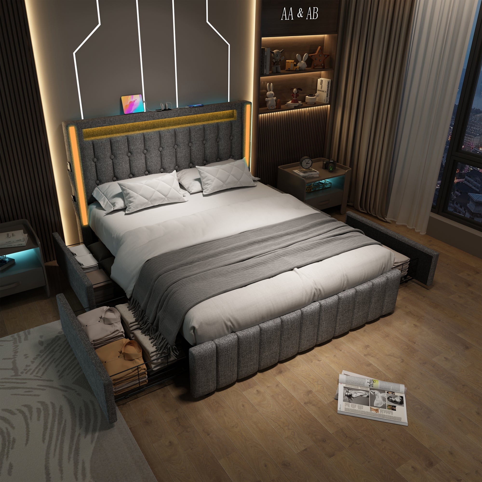 Logidon gestoffeerd bed 140x200 met USB C LED verlichting 4 vakken grijs