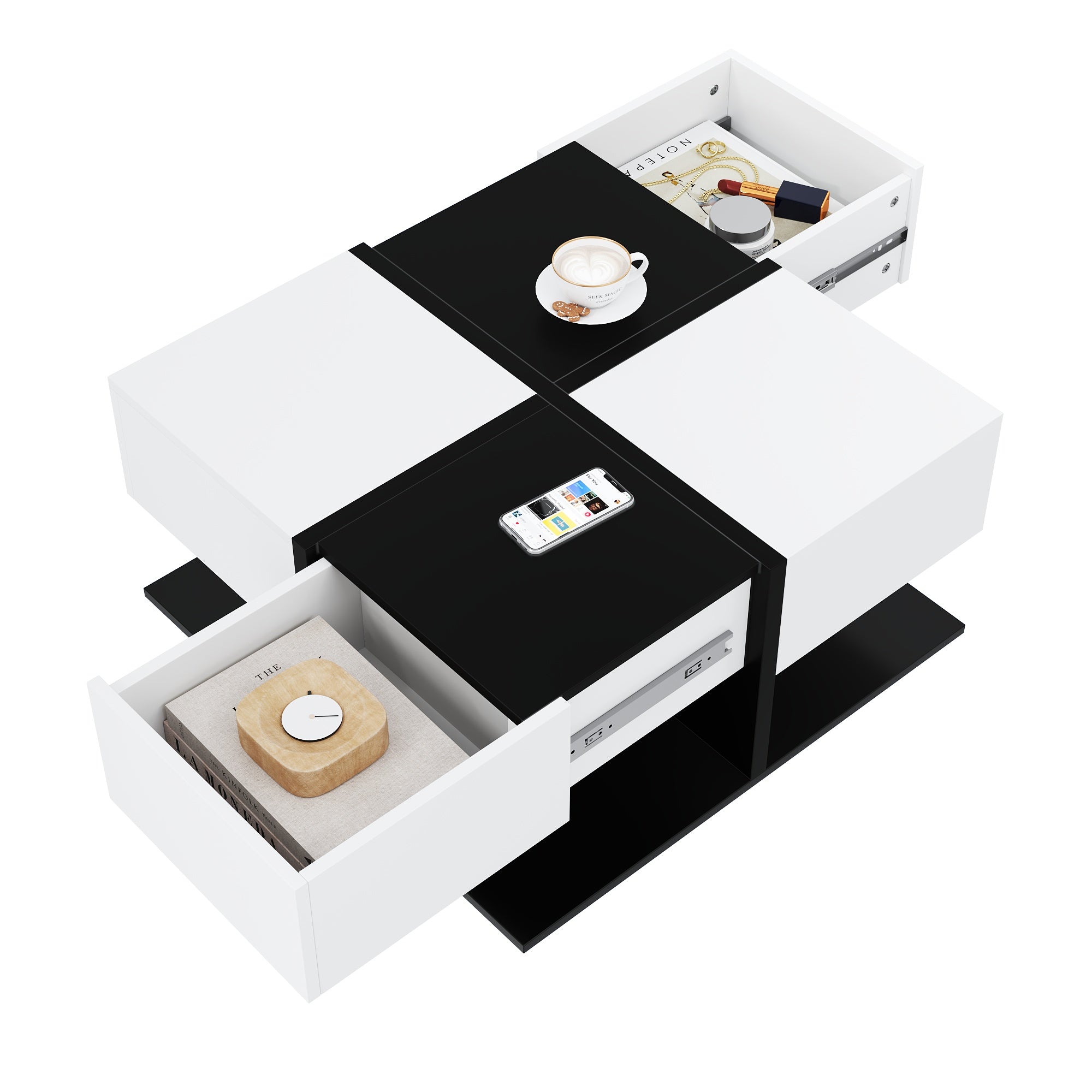 Logidon Moderne Salontafel Zwart Wit 70x70x35,5 cm Met 2 Laden