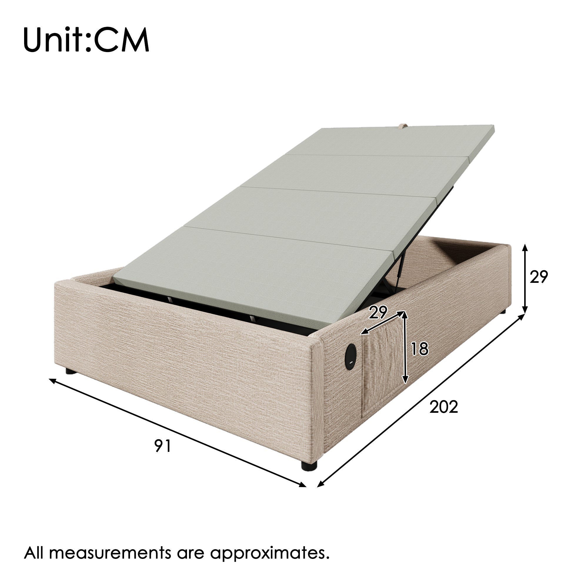 Logidon gestoffeerd bed 90x200 naturel linnen USB C opladen volledige lattenbodem