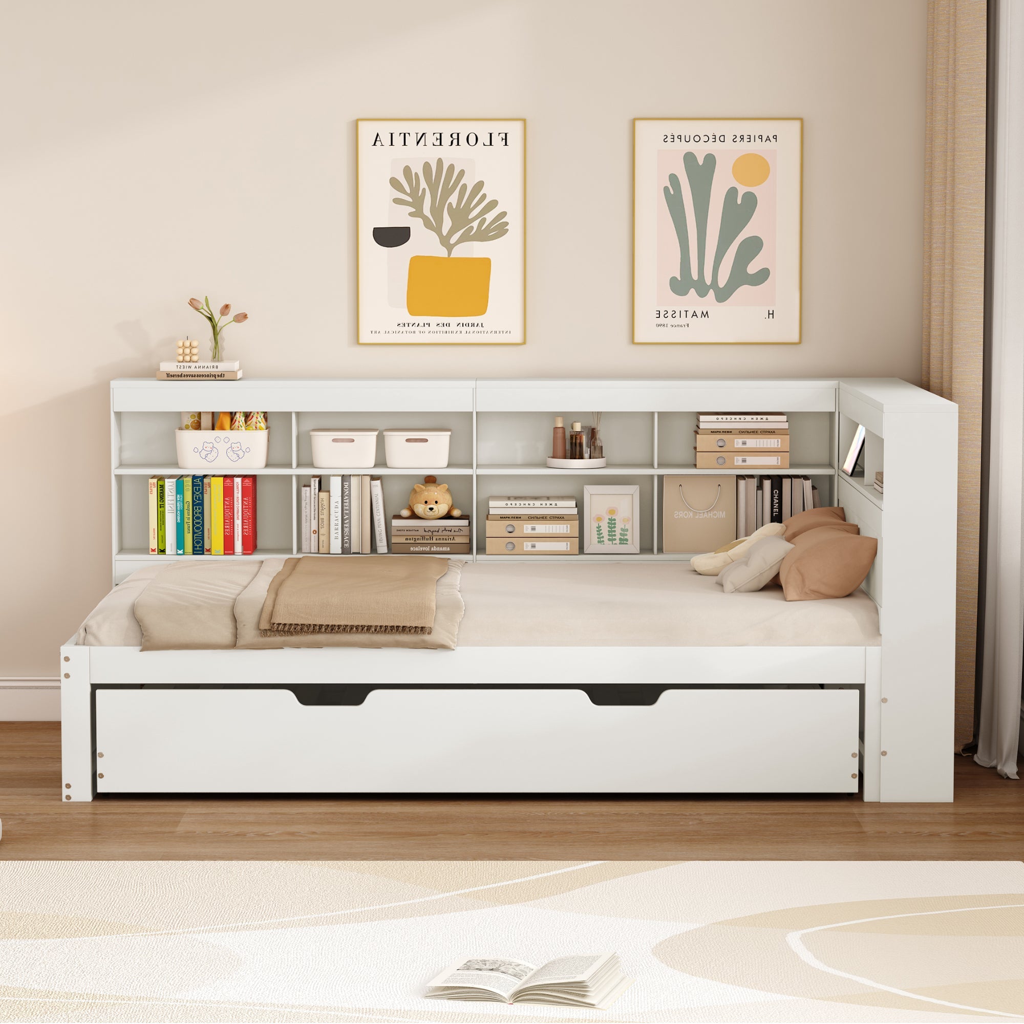 Logidon slaapbank 90x200 uitschuifbaar bed 90x190 USB wit