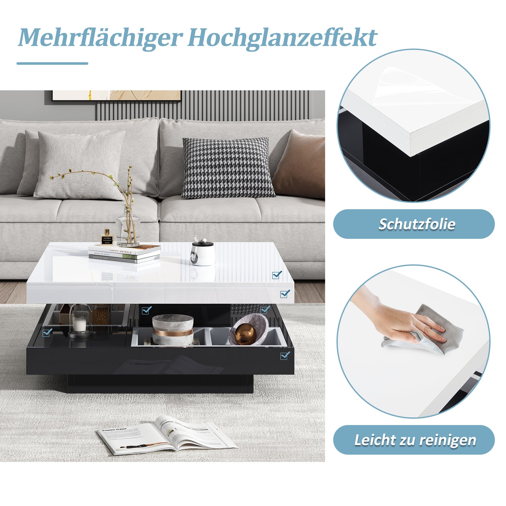 Logidon Draaibare Salontafel Wit Blad Zwart Onderstel 70x70x36