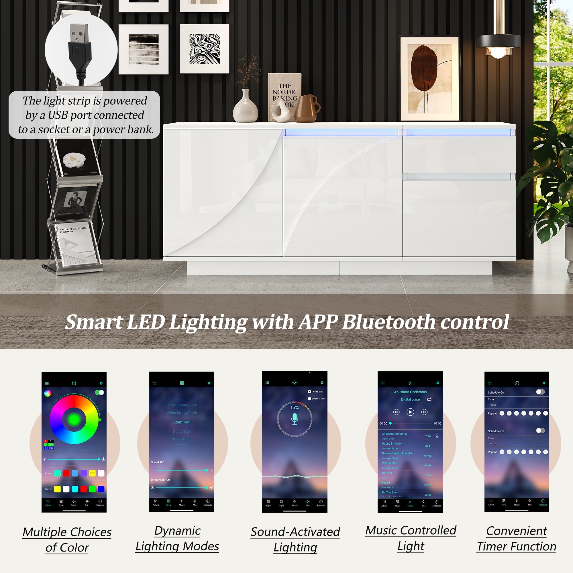 Logidon 140 x 40 x 60 cm hoogglans dressoir wit met LED