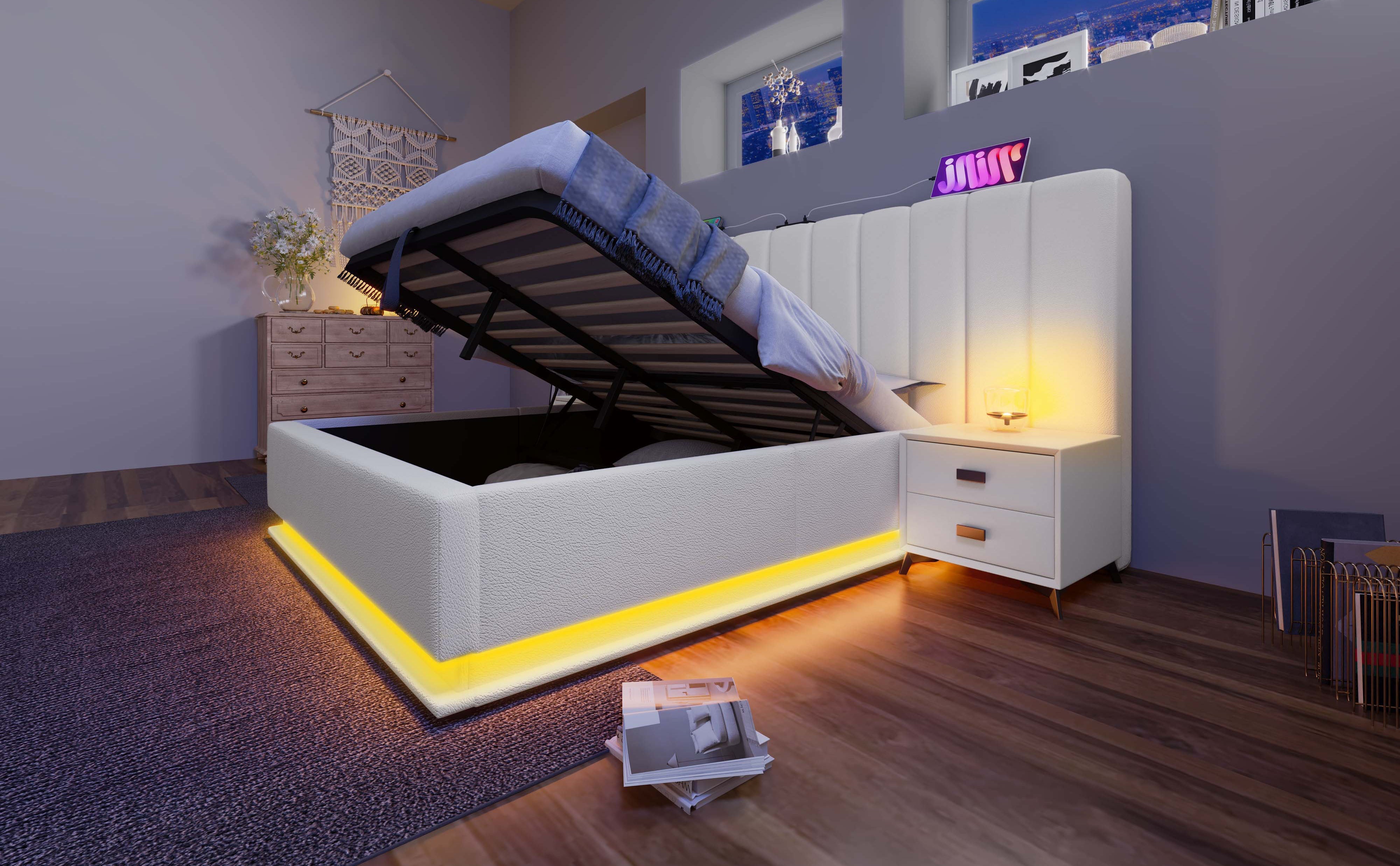 Logidon gestoffeerd bed 180x200 wit met opbergruimte LED app-bedieningsmatras