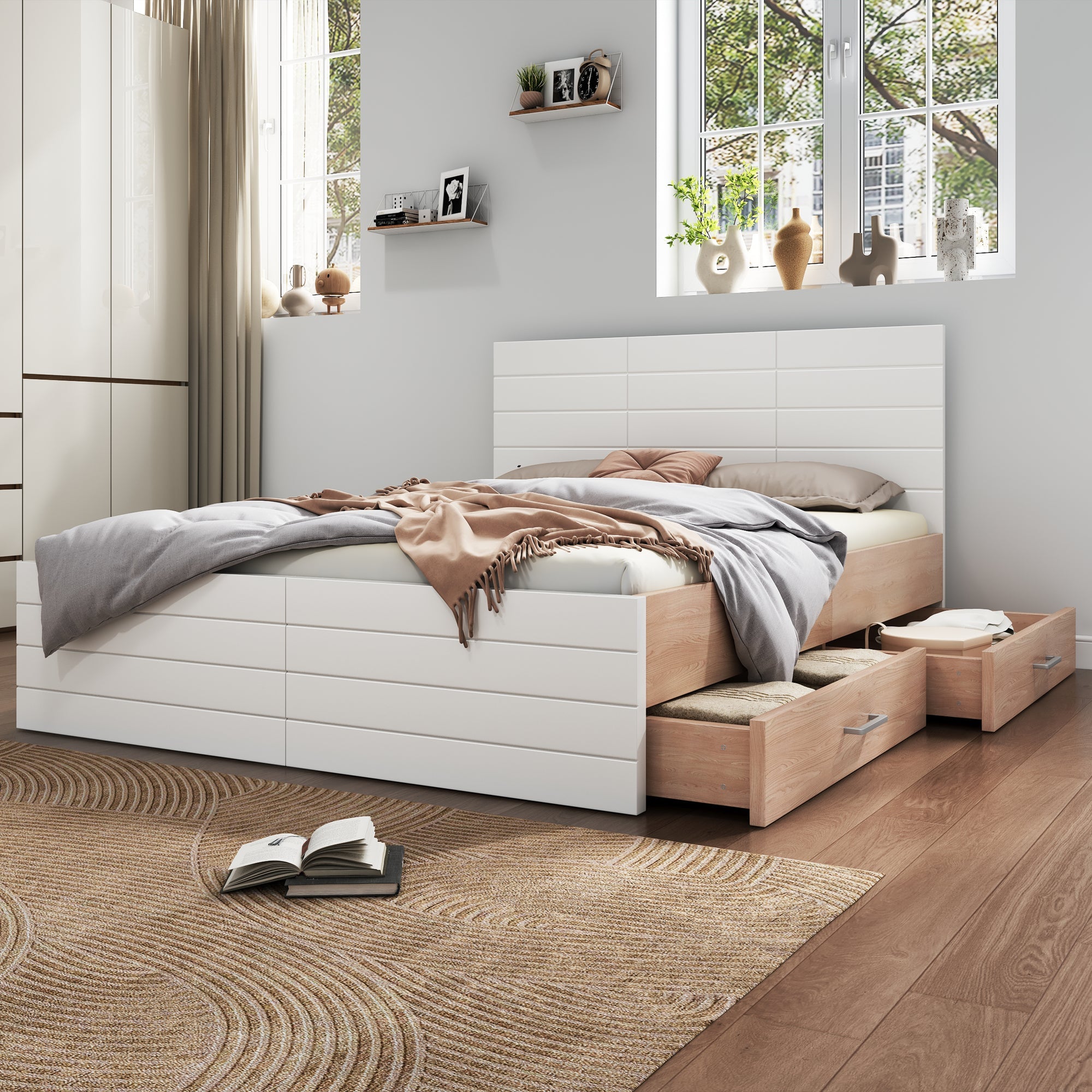 Logidon tweepersoonsbed 160x200 cm wit eiken met lattenbodem en 2 lades