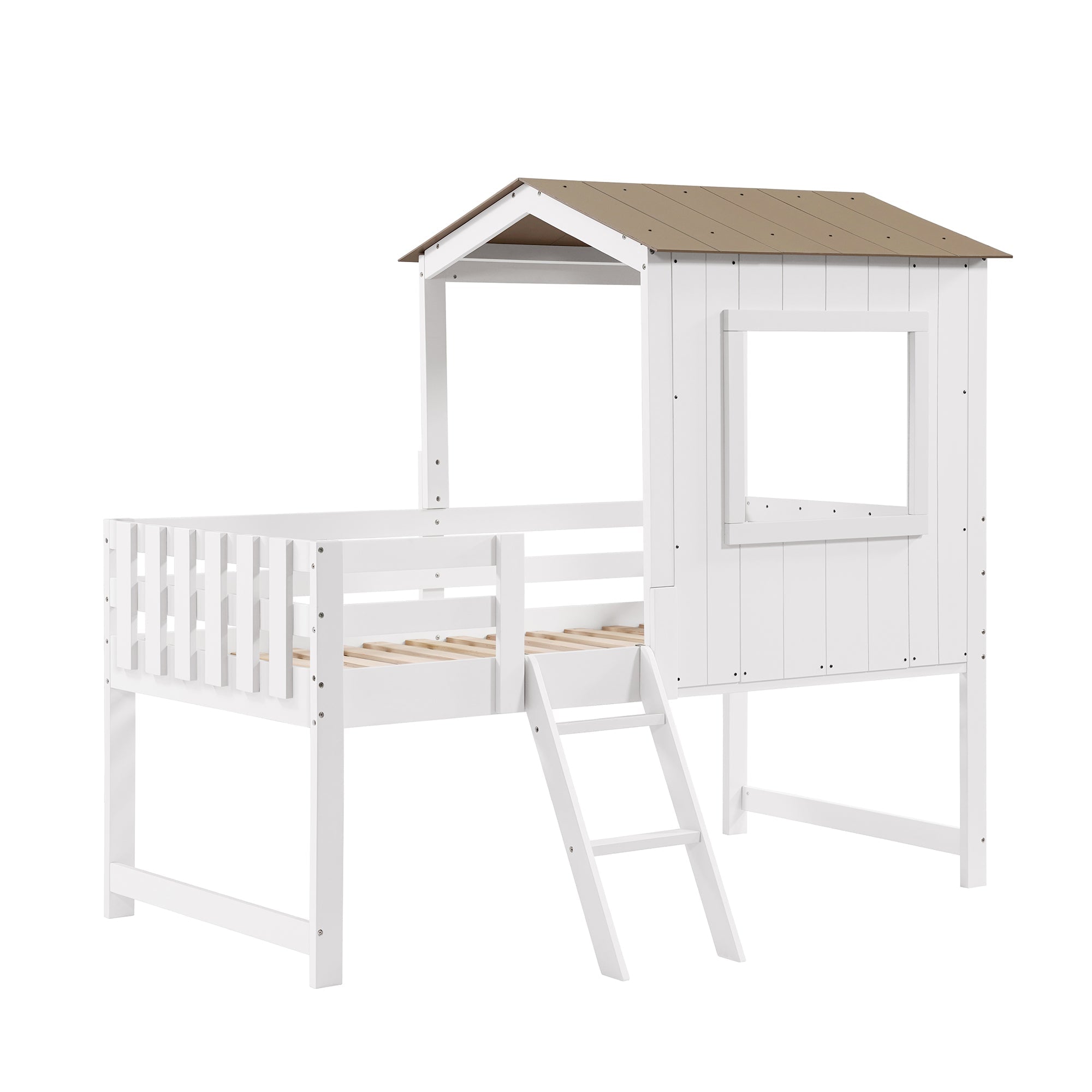 Logidon kinderbed halfhoogslaper met dakraam 90x200 wit naturel