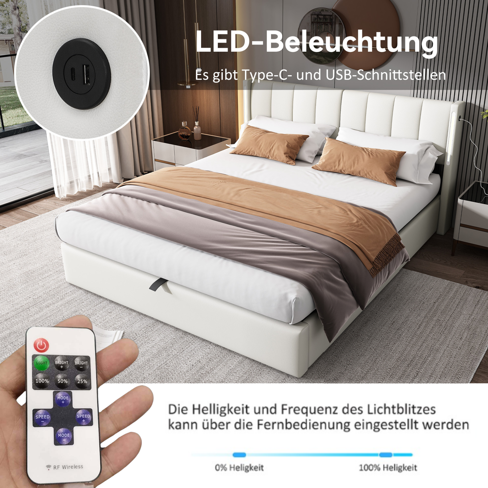Logidon Binaural LED gestoffeerd bed 160 x 200 cm wit met opbergruimte