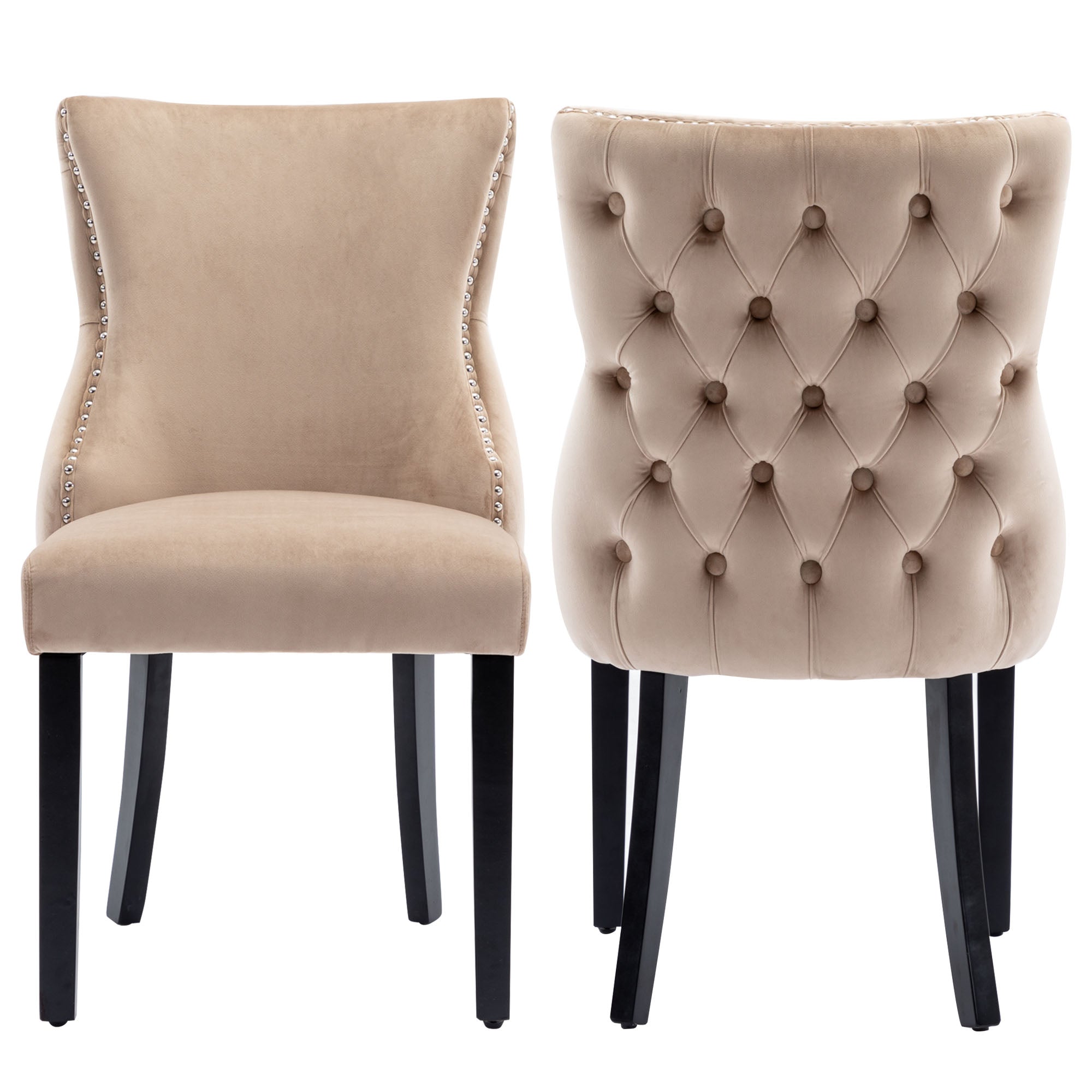 Logidon 4-foot chair beige velvet button quilting solid wood frame set of 2
