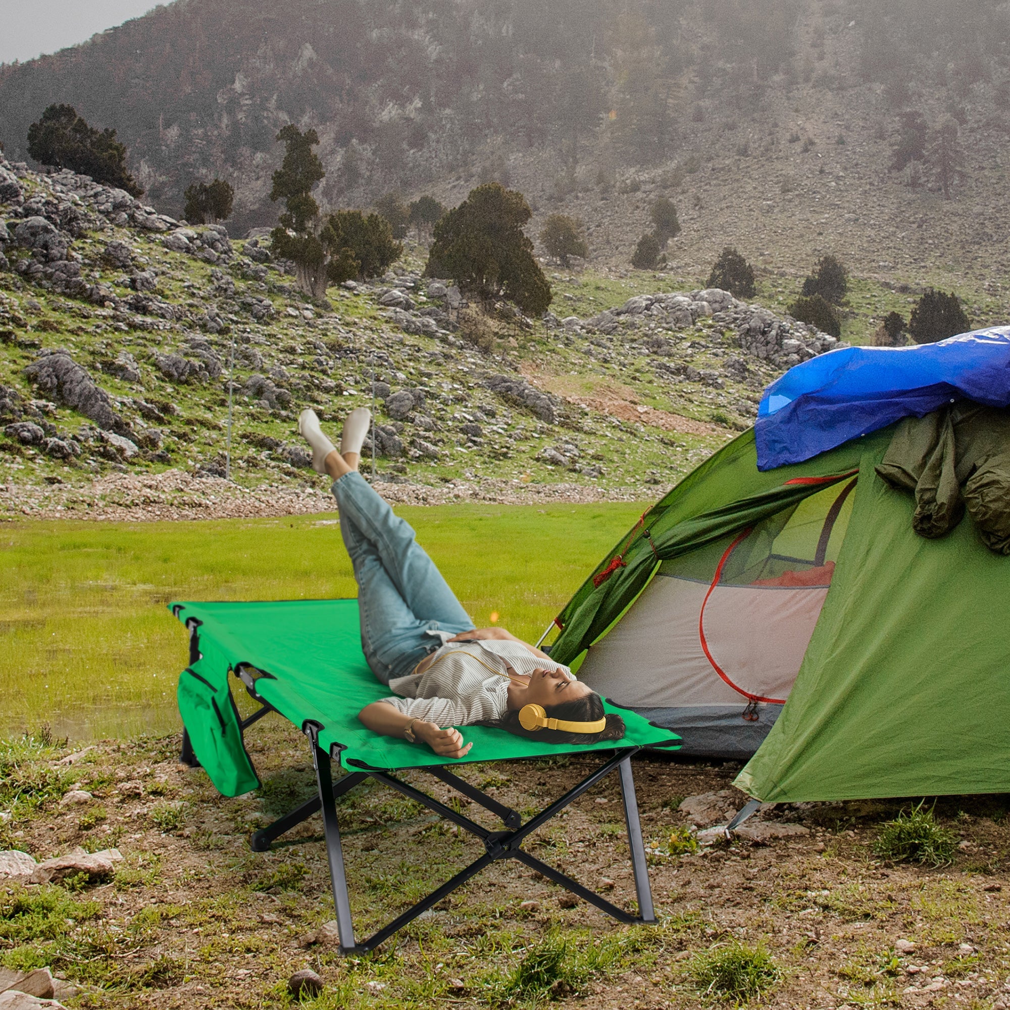 Logidon Opklapbaar Campingbed Met Zijvak Groen Zwart 200x73 cm