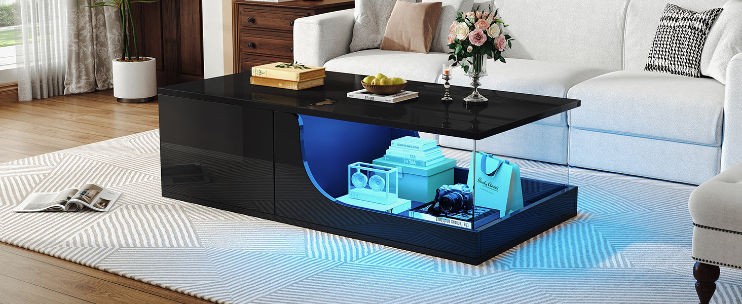 Logidon Zwarte hoogglans salontafel 100x50x30 cm LED-verlichting