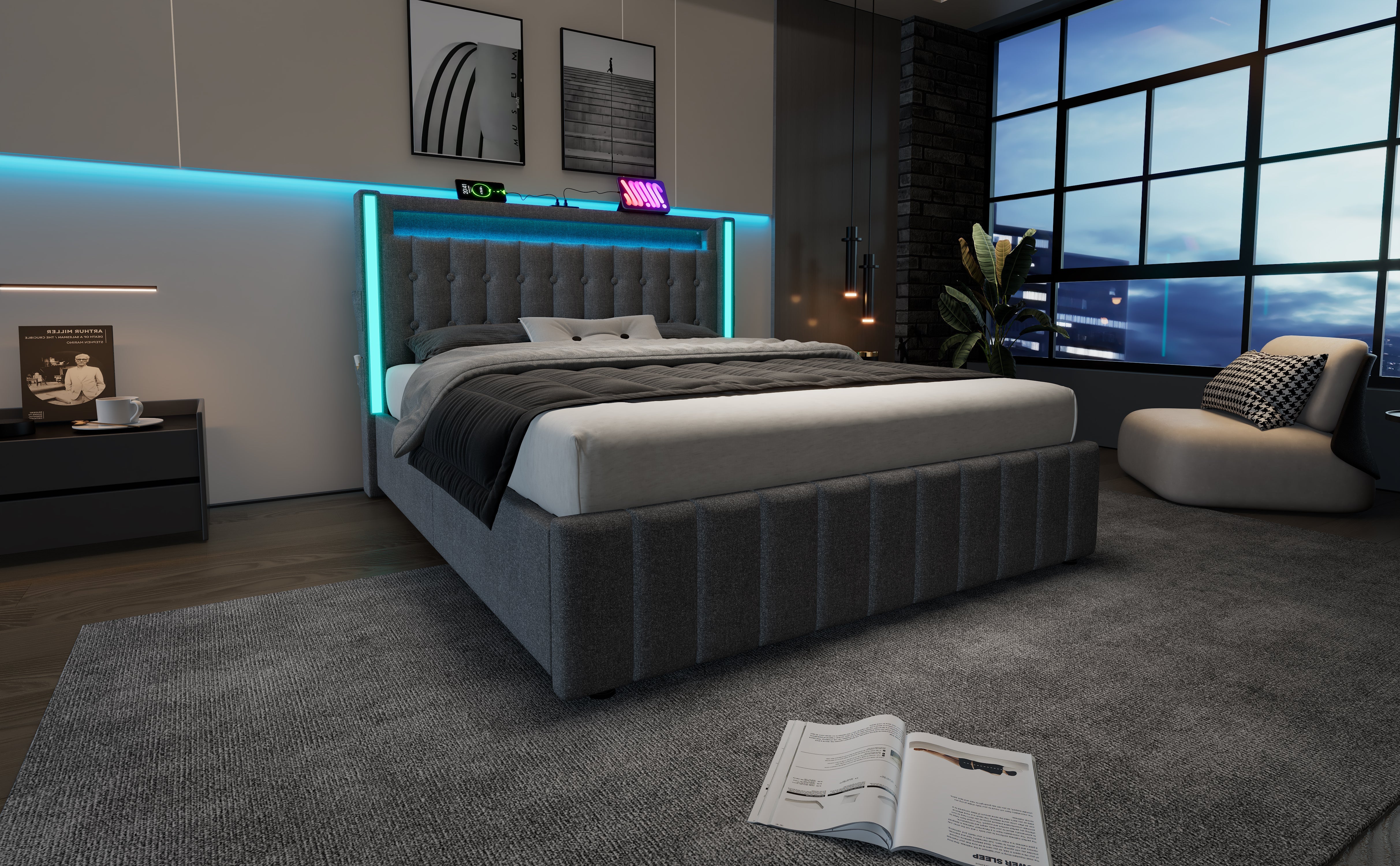 Logidon gestoffeerd bed 160x200 USB C oplaadfunctie LED verlichting grijs