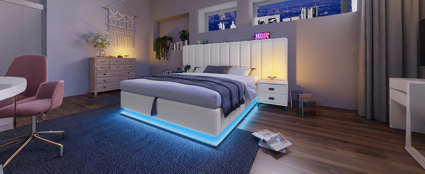 Logidon gestoffeerd bed 160x200 wit met opbergruimte en app-gestuurde LED-verlichting