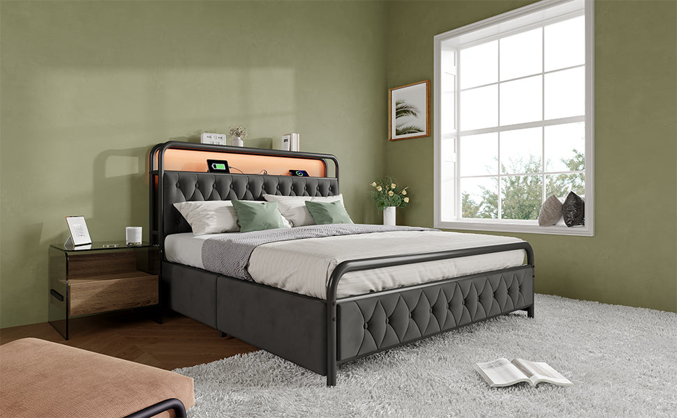 Logidon gestoffeerd bed 140x200 fluweelgrijs met USB C oplaadfunctie APP LED