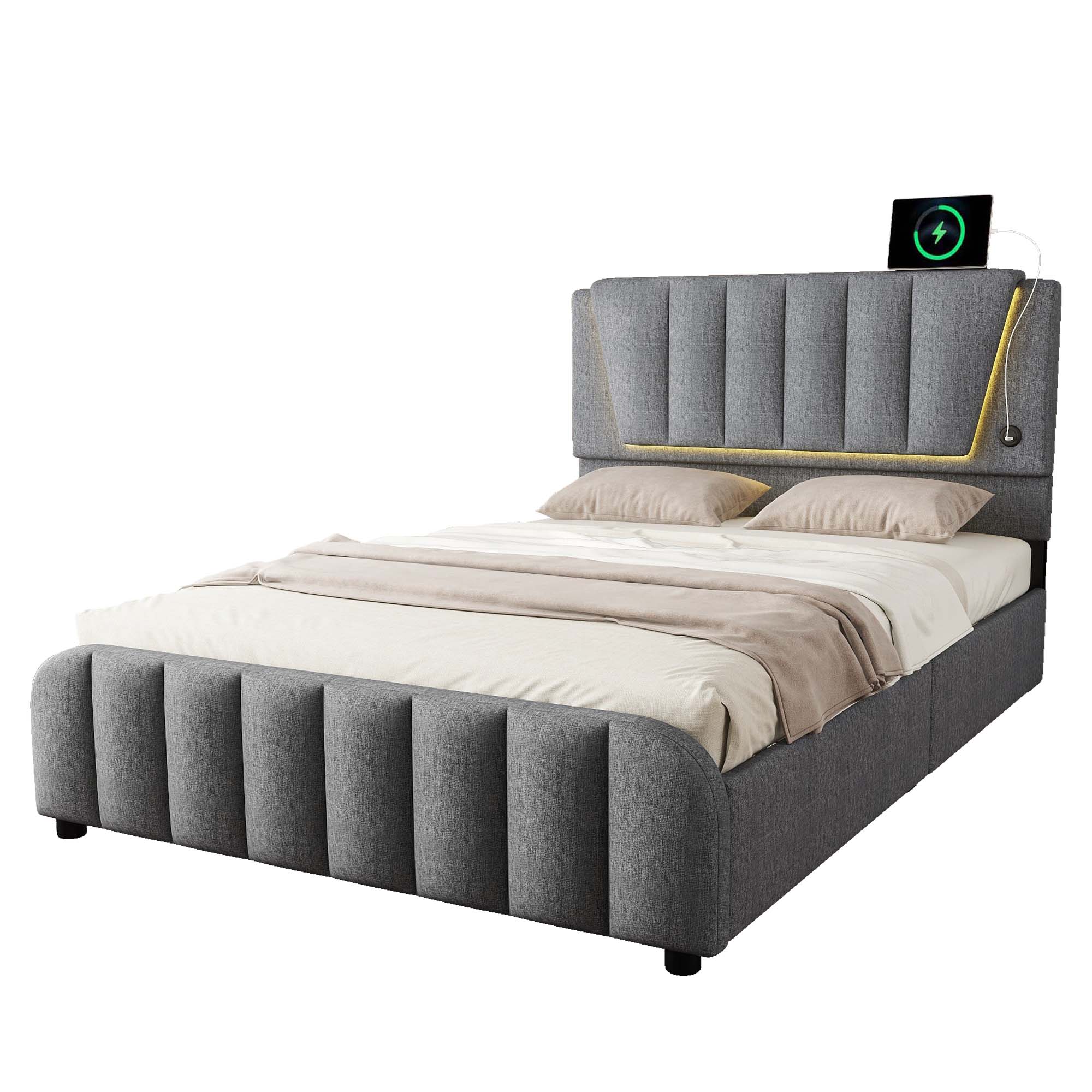 Logidon gestoffeerd bed 140x200 grijs met lattenbodem vier laden