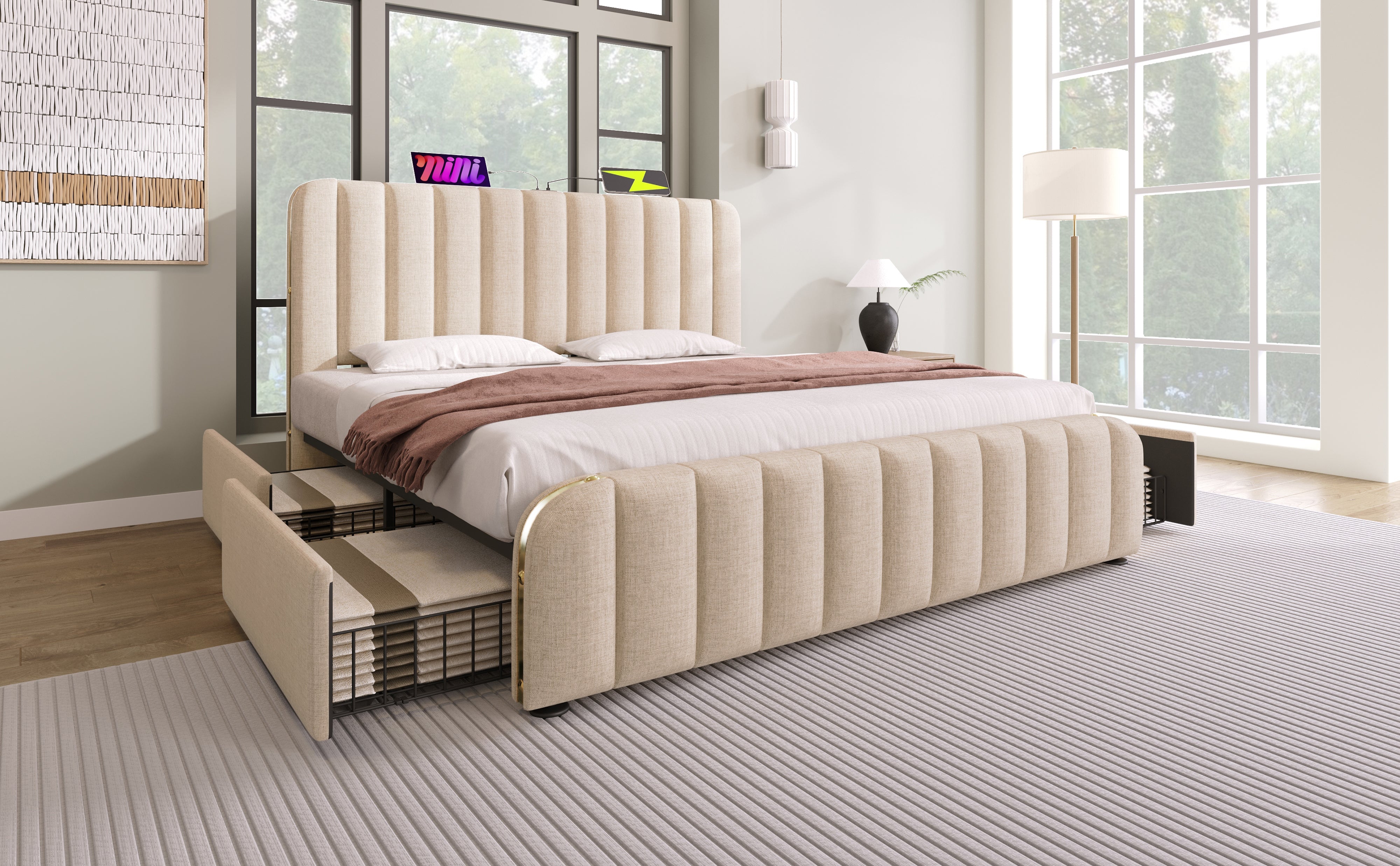 Logidon upholstered bed beige linen with USB Type C charging function 180x200 cm