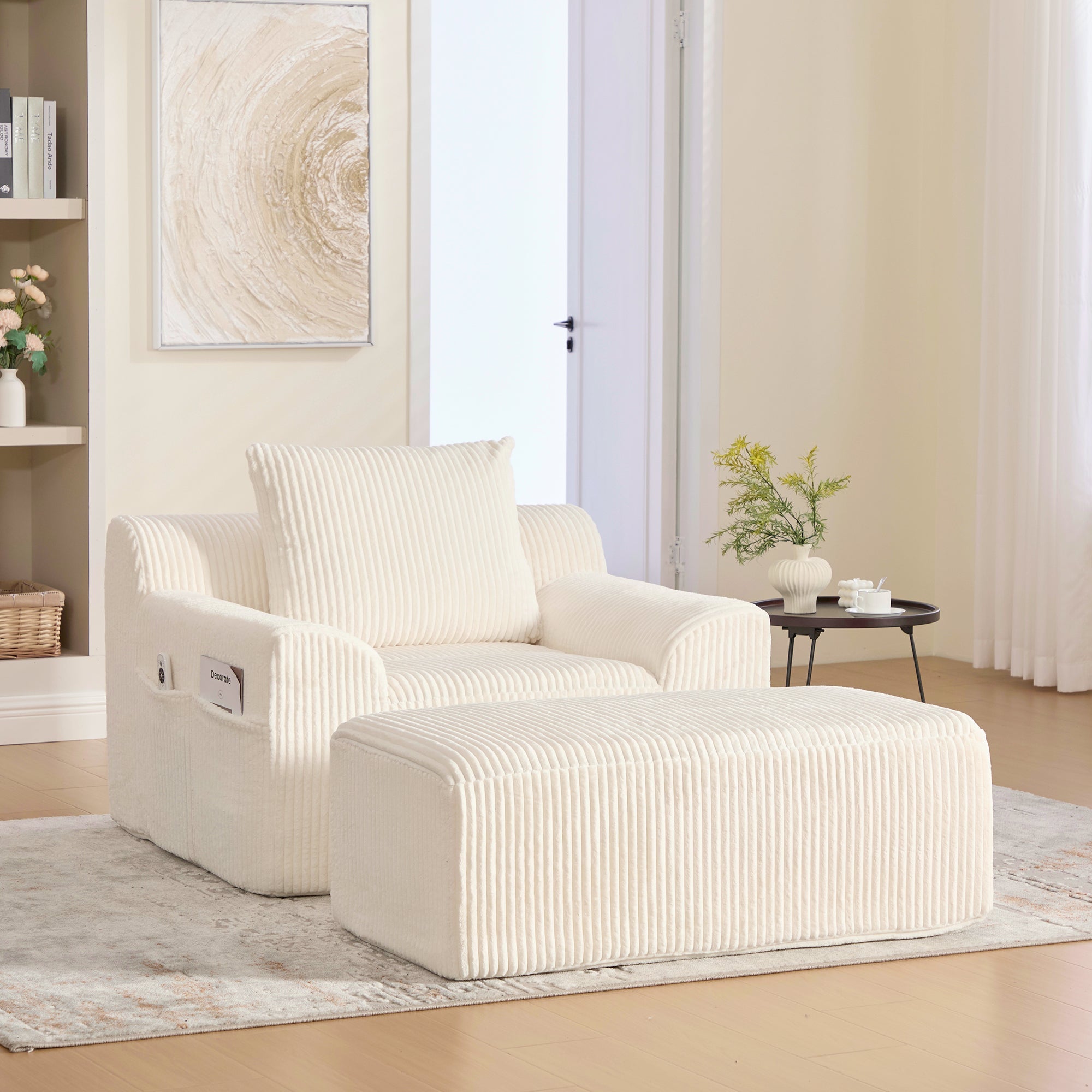 Logidon Oversized Corduroy Velvet Armchair Beige with Footstool and Cushion