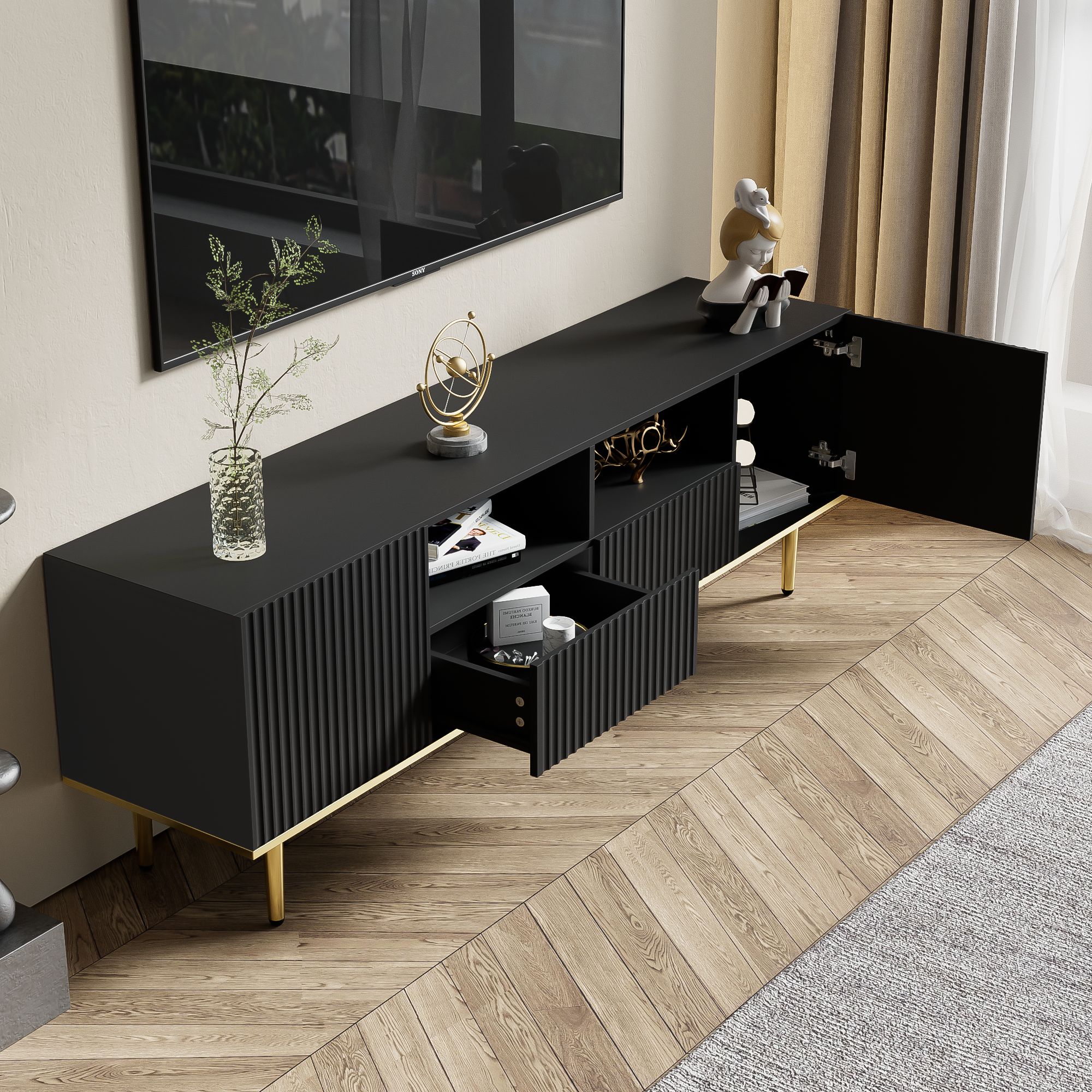 Logidon Modern TV-meubel 165 cm Zwart met Gouden Voeten en Rand