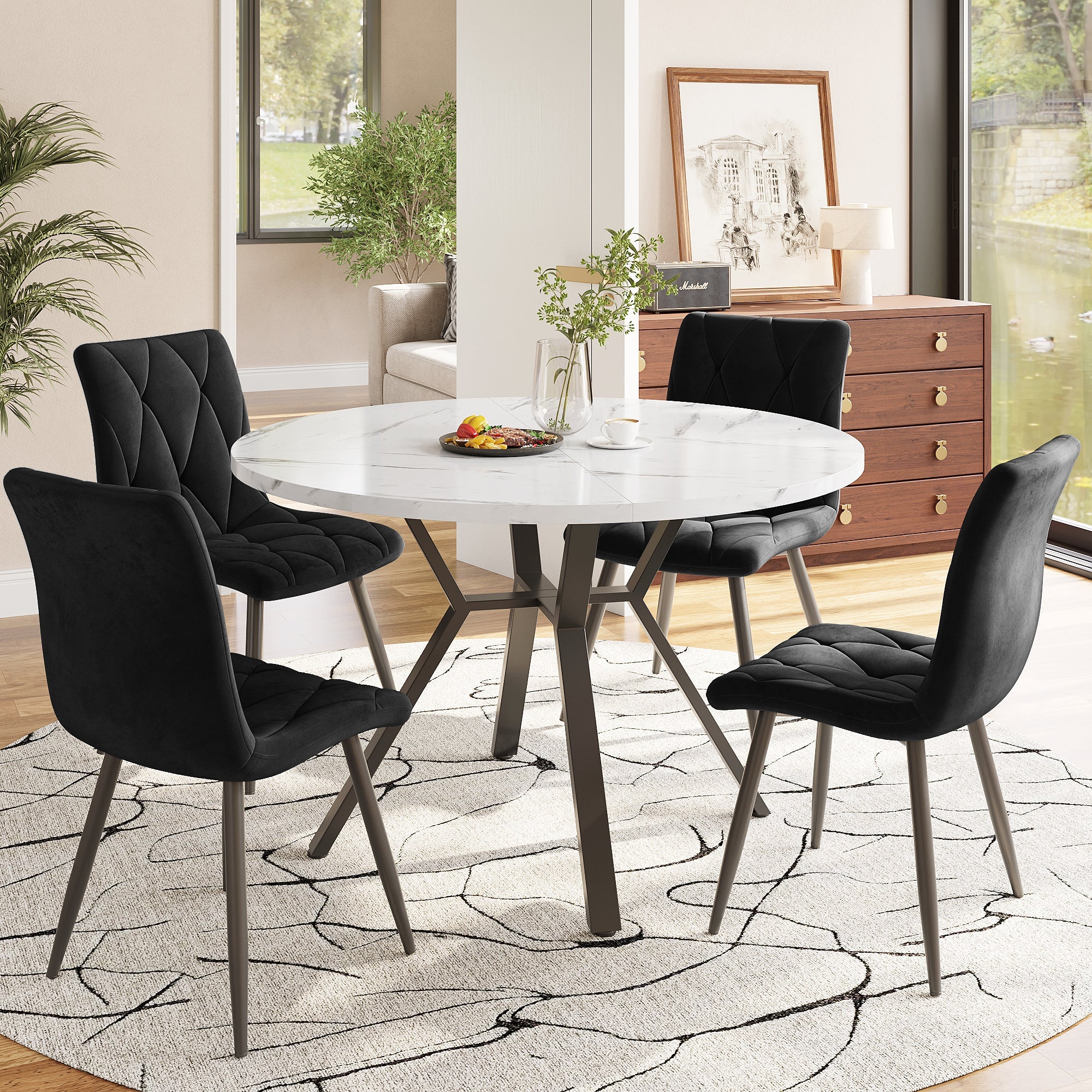 Logidon eettafel en stoelenset 5-delig rond wit marmerlook