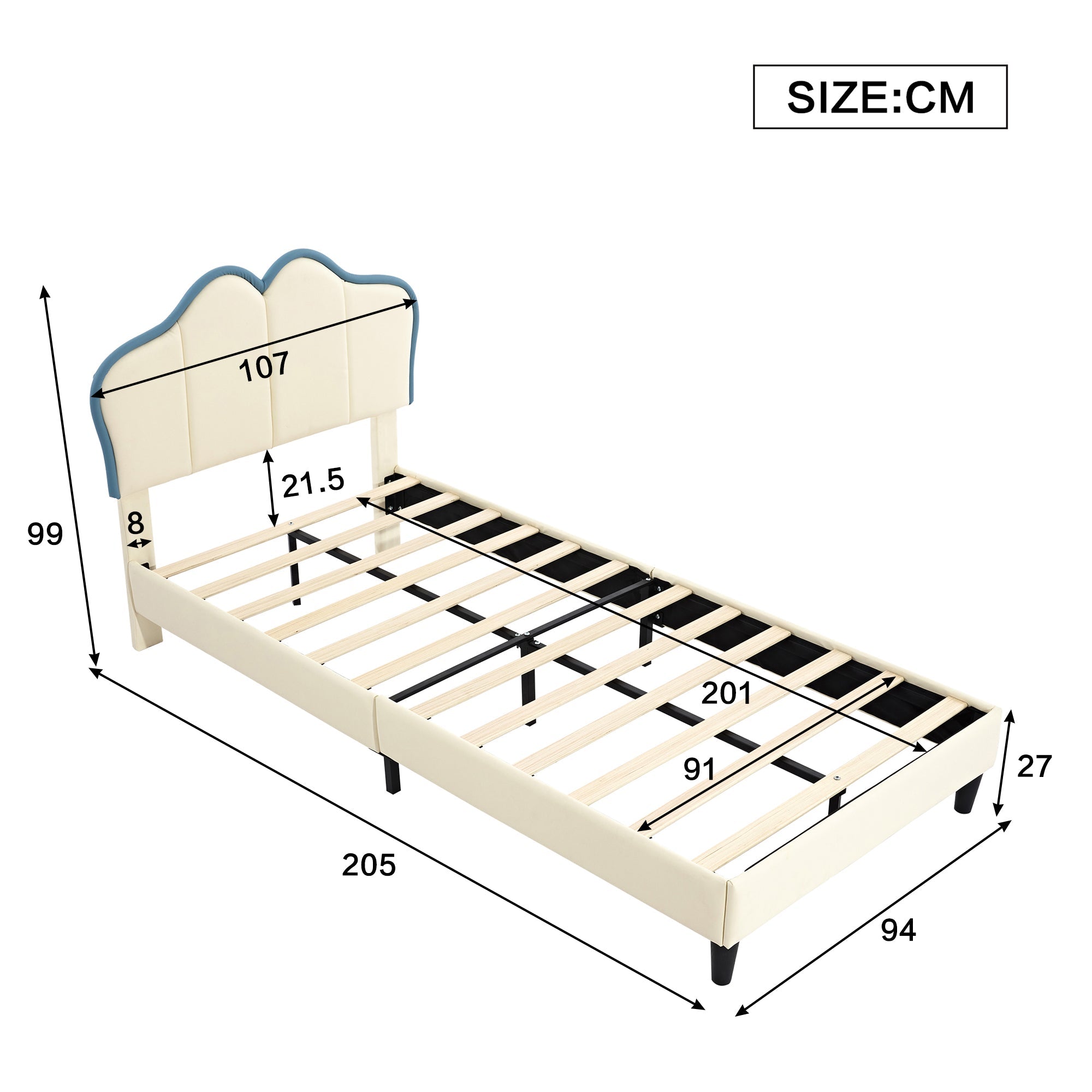 Logidon gestoffeerd bed 90x200 kinderbed wit blauw met zachte beschermranden