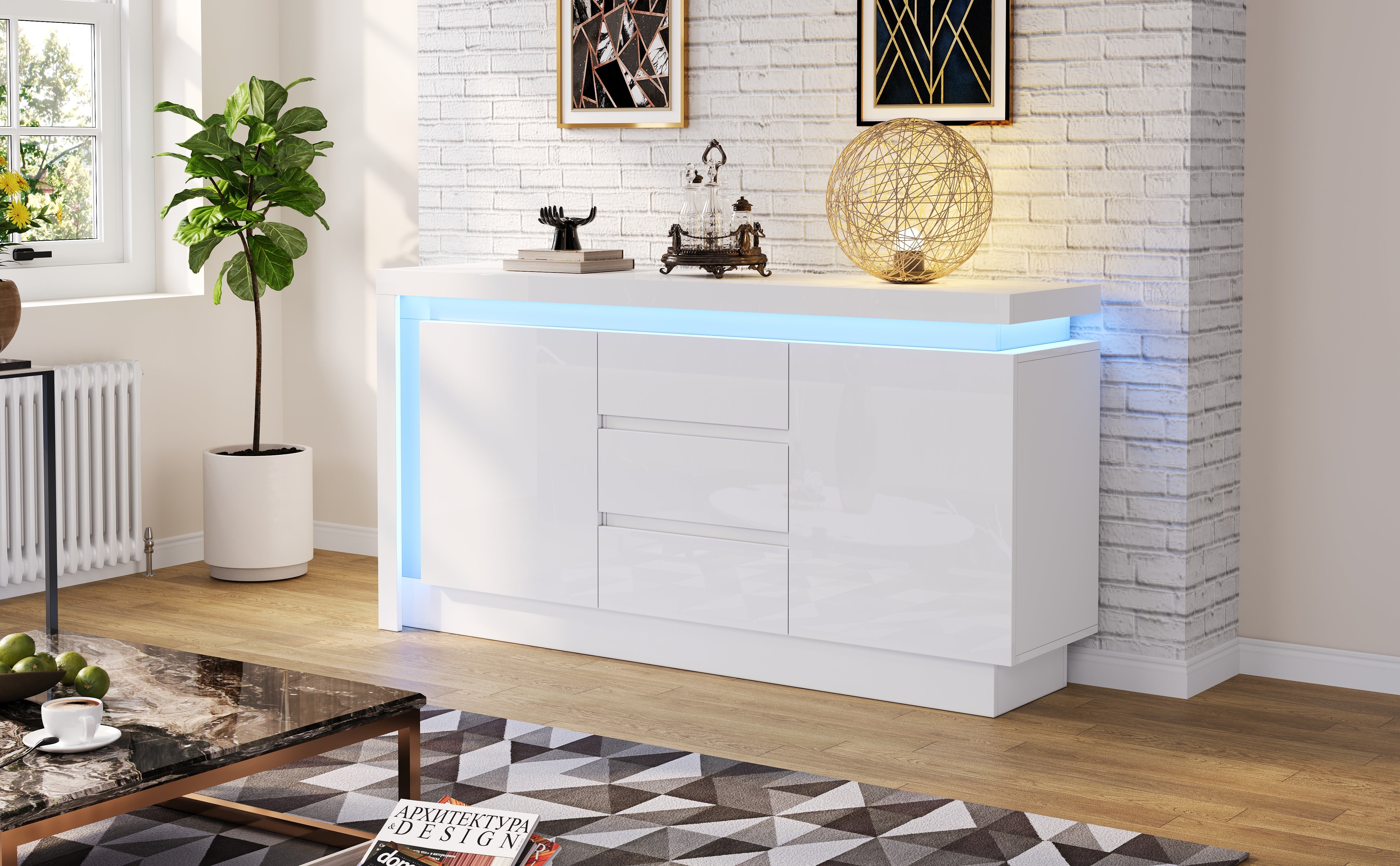 Logidon sideboard 140x35x72 cm white high gloss with LED