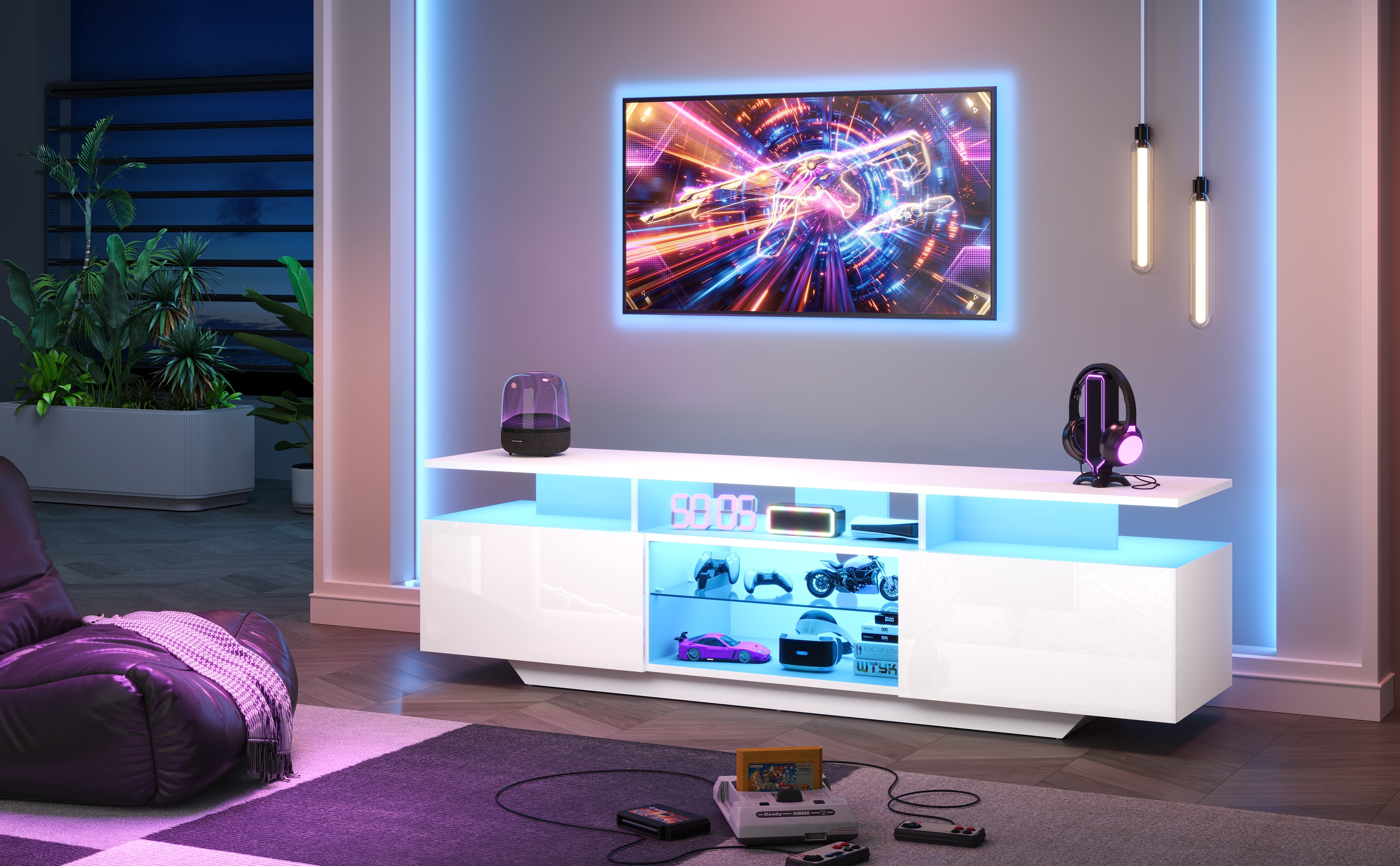 Logidon TV-meubel hoogglans wit 160 x 40 x 45 cm met LED lichtstrip glasplanken