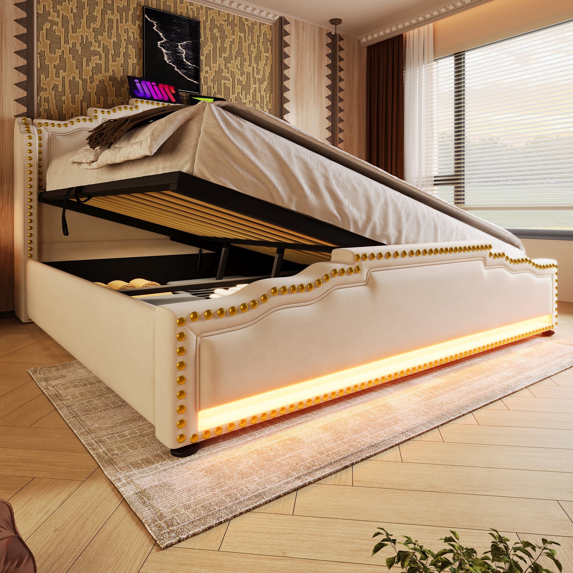 Logidon gestoffeerd bed 140x200 beige fluweel met opbergruimte LED USB C