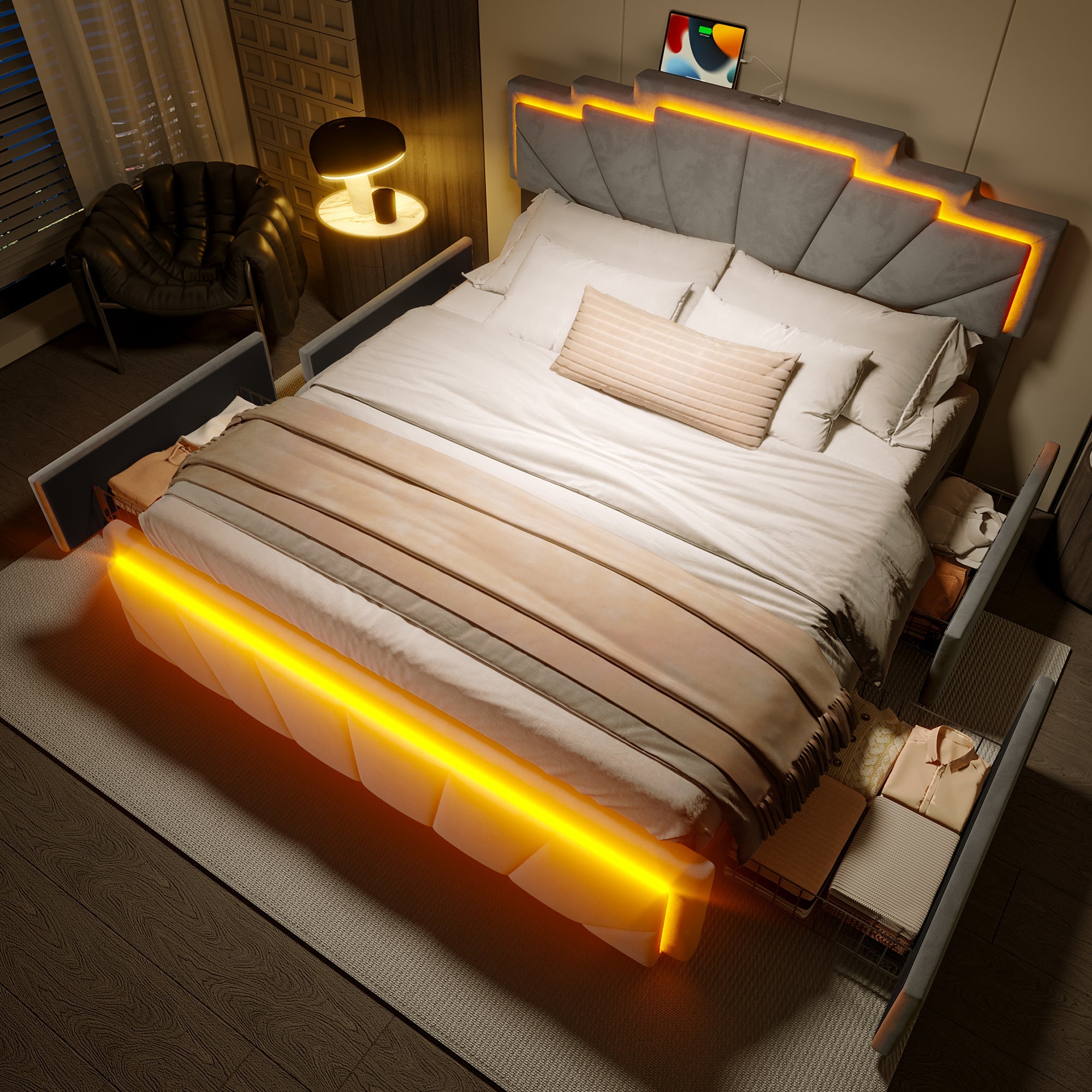Logidon gestoffeerd bed 160x200 cm donkergrijs fluweel LED-hoofdbord