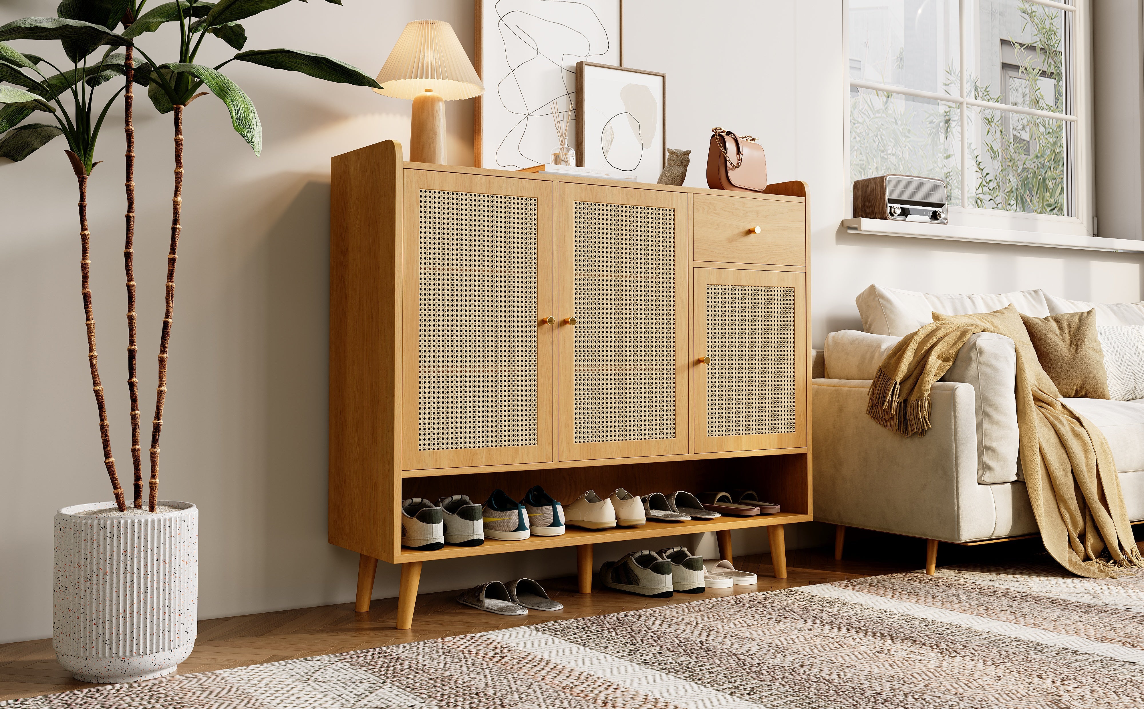 Logidon schoenenkast naturel rotan 120x35x106 met 3 deuren 1 lade