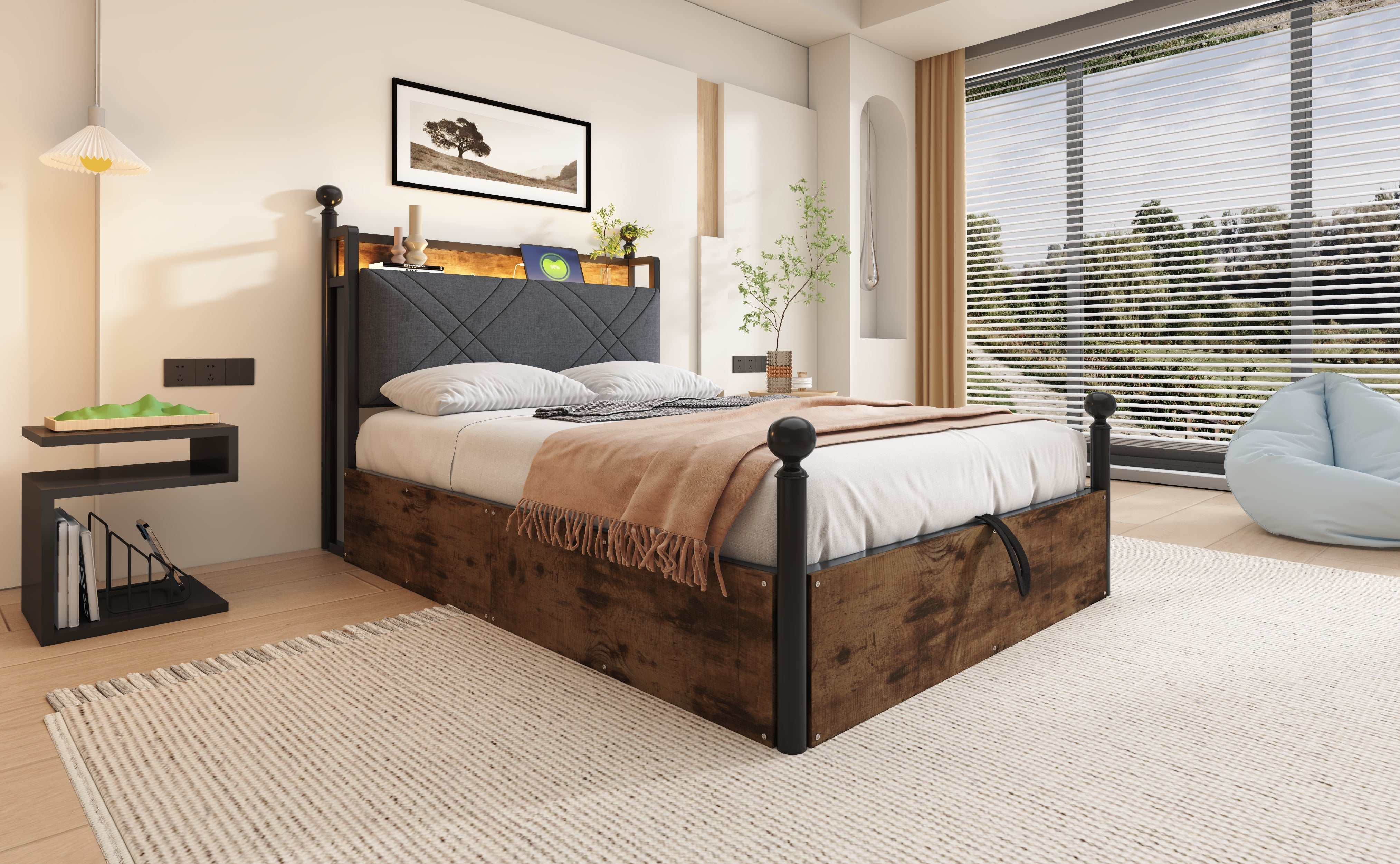 Logidon hemelbed 90x190 zwart met opbergruimte hydraulisch LED USB-C