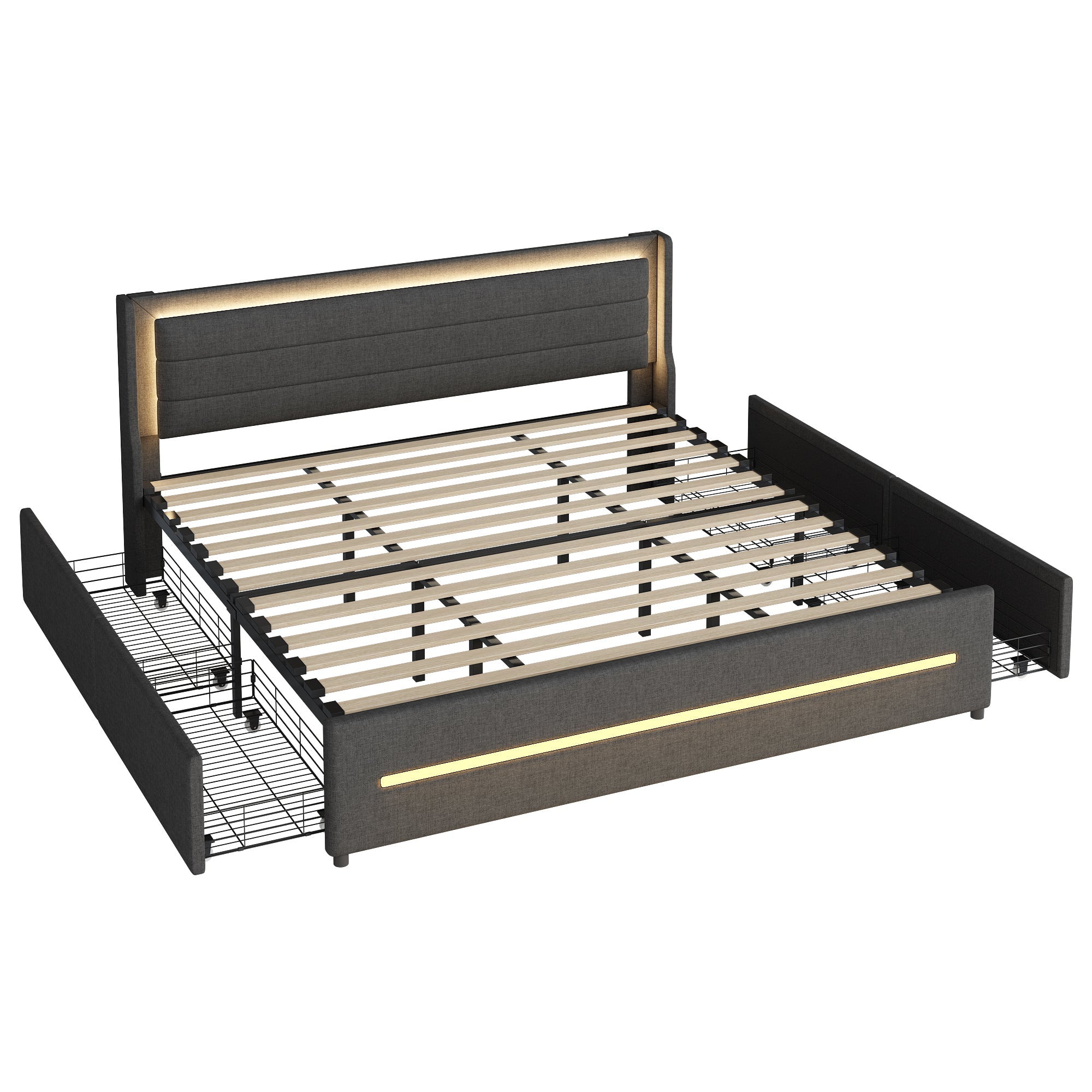 Logidon gestoffeerd bed 180x200 met LED verlichting en 4 opbergvakken grijs