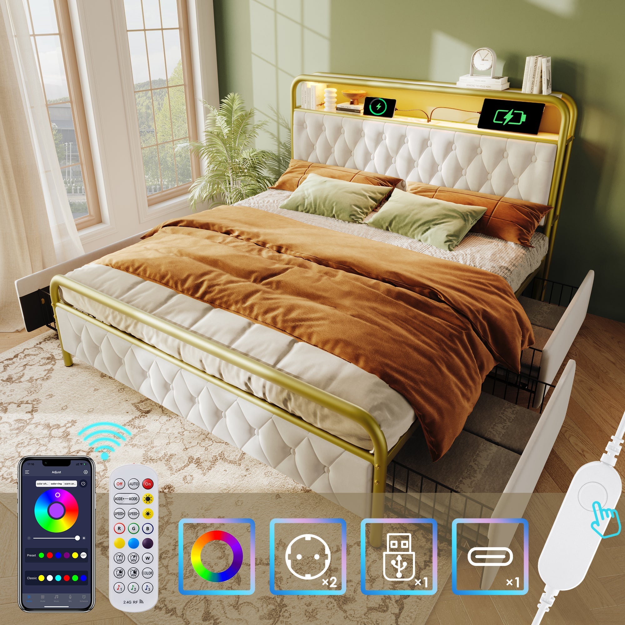 Logidon gestoffeerd bed 140x200 USB-C oplaadfunctie LED 4 lades