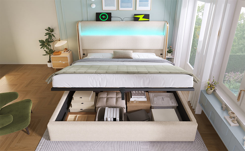 Logidon hydraulisch bed 140x200 beige linnenlook met LED