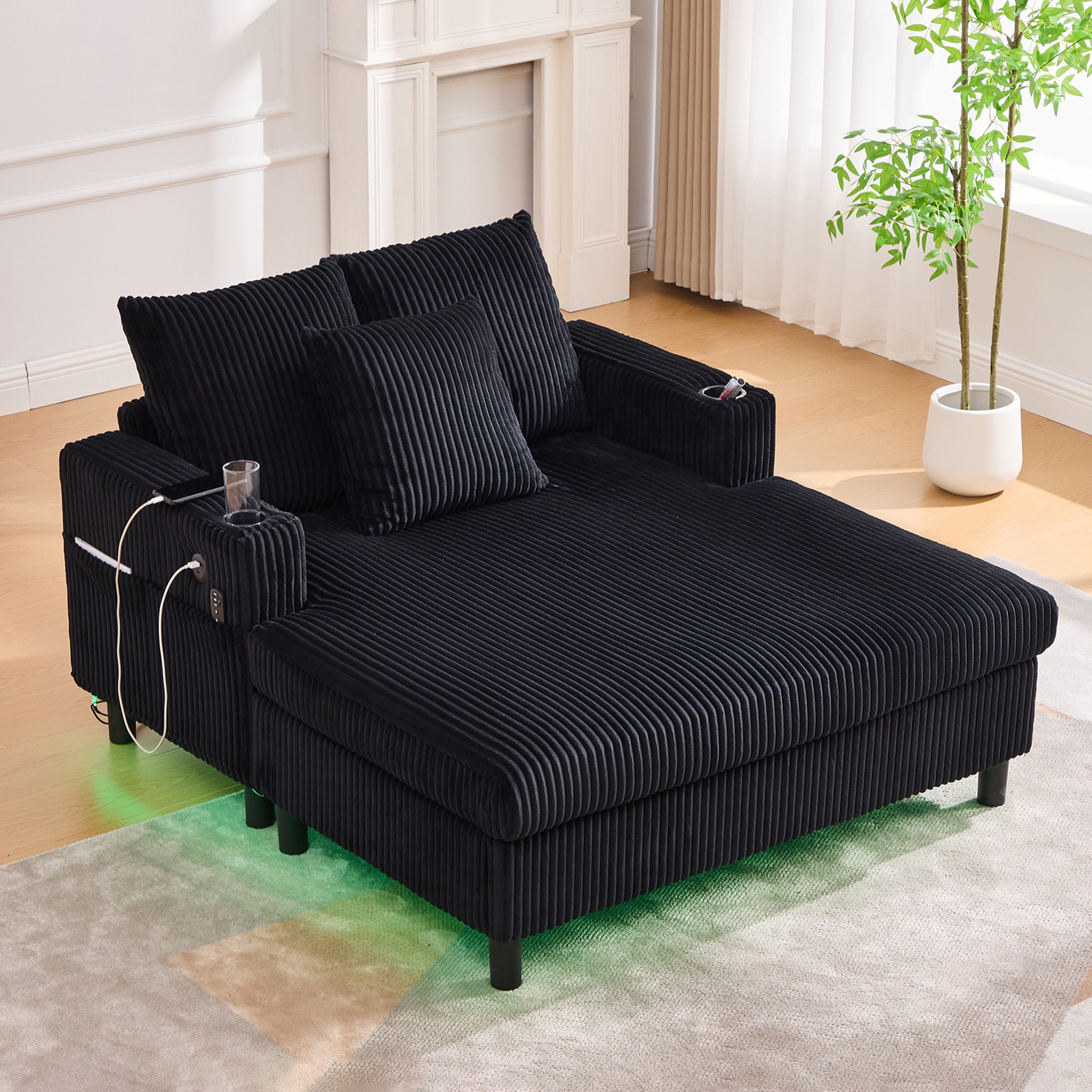 Logidon Velvet Chaise Longue Zwart met USB-oplaadpunten en LED-verlichting