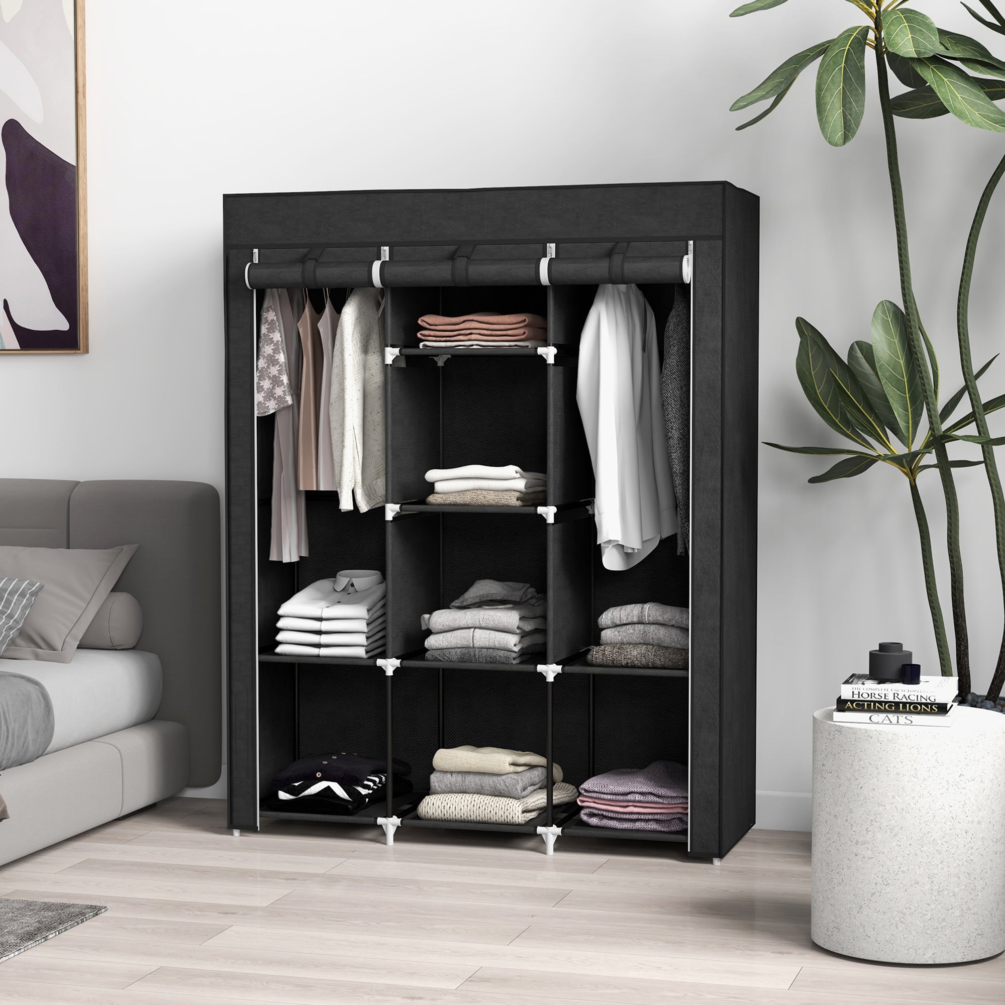 Logidon stoffen kledingkast met kledingroede 8 niveaus 125x43x162 cm zwart
