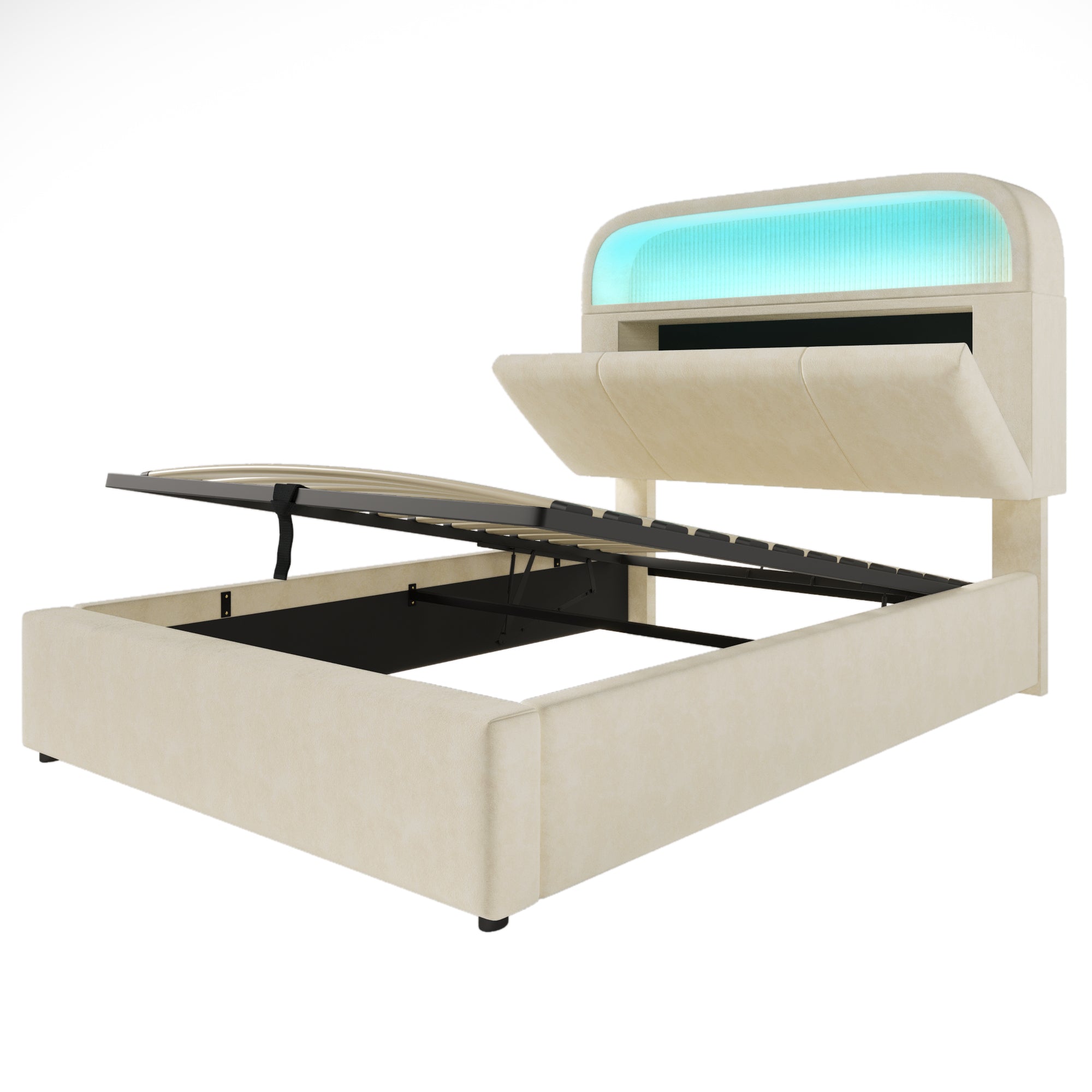 Logidon gestoffeerd bed 90x200 cm beige fluweel met opbergruimte hoofdbord, LED