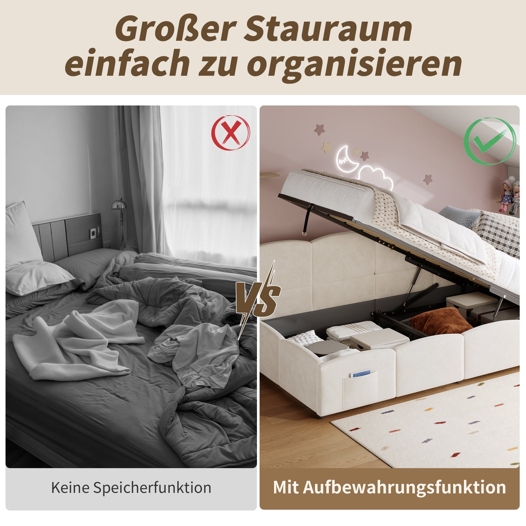 Logidon gestoffeerd bed 90x200 beige fluweel met opbergruimte