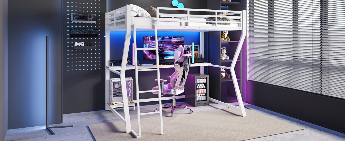 Logidon loft bed 90x200 with LED lighting and computer console white