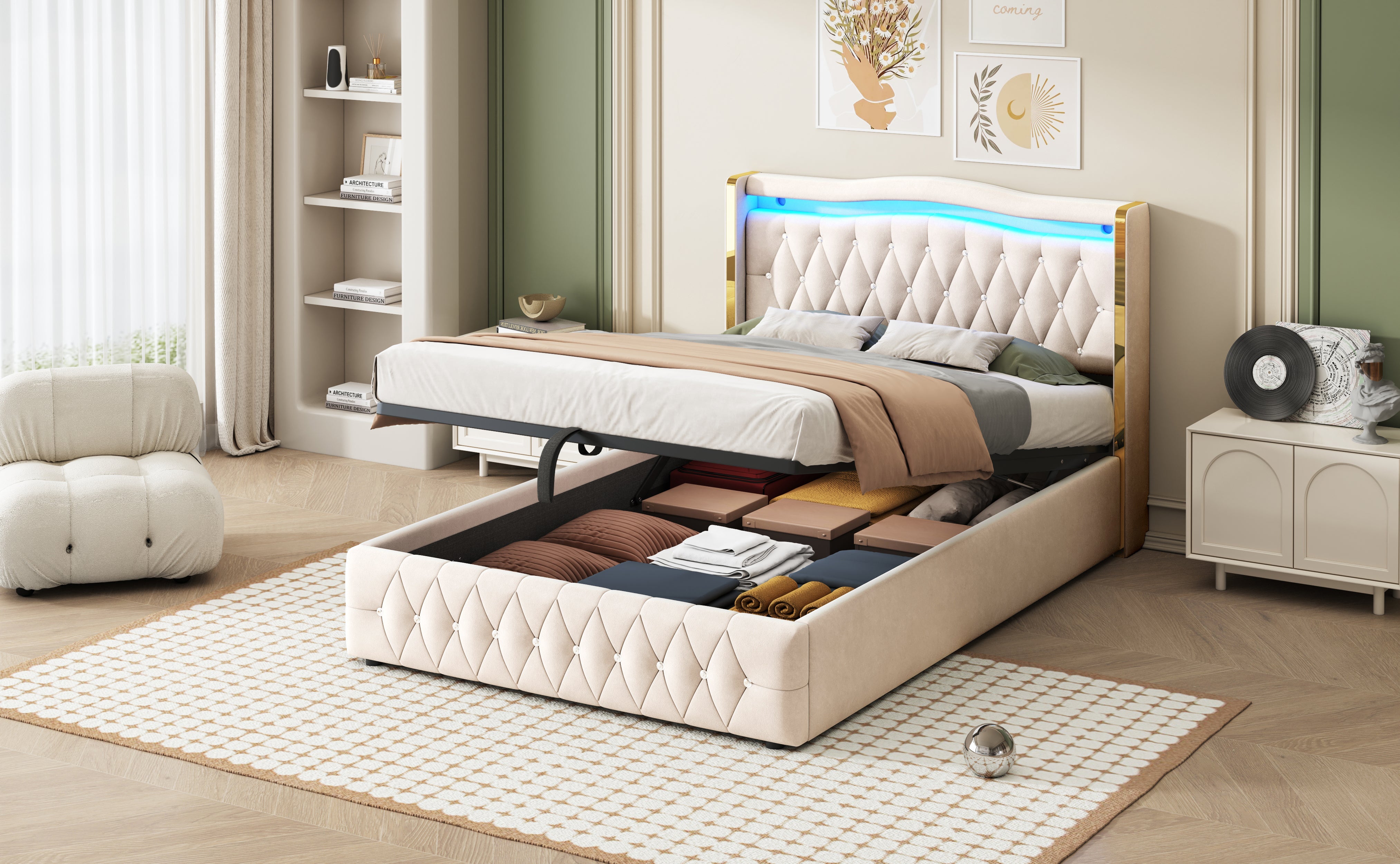 Logidon gestoffeerd bed 140x200 beige fluweel LED-verlichting hydraulisch