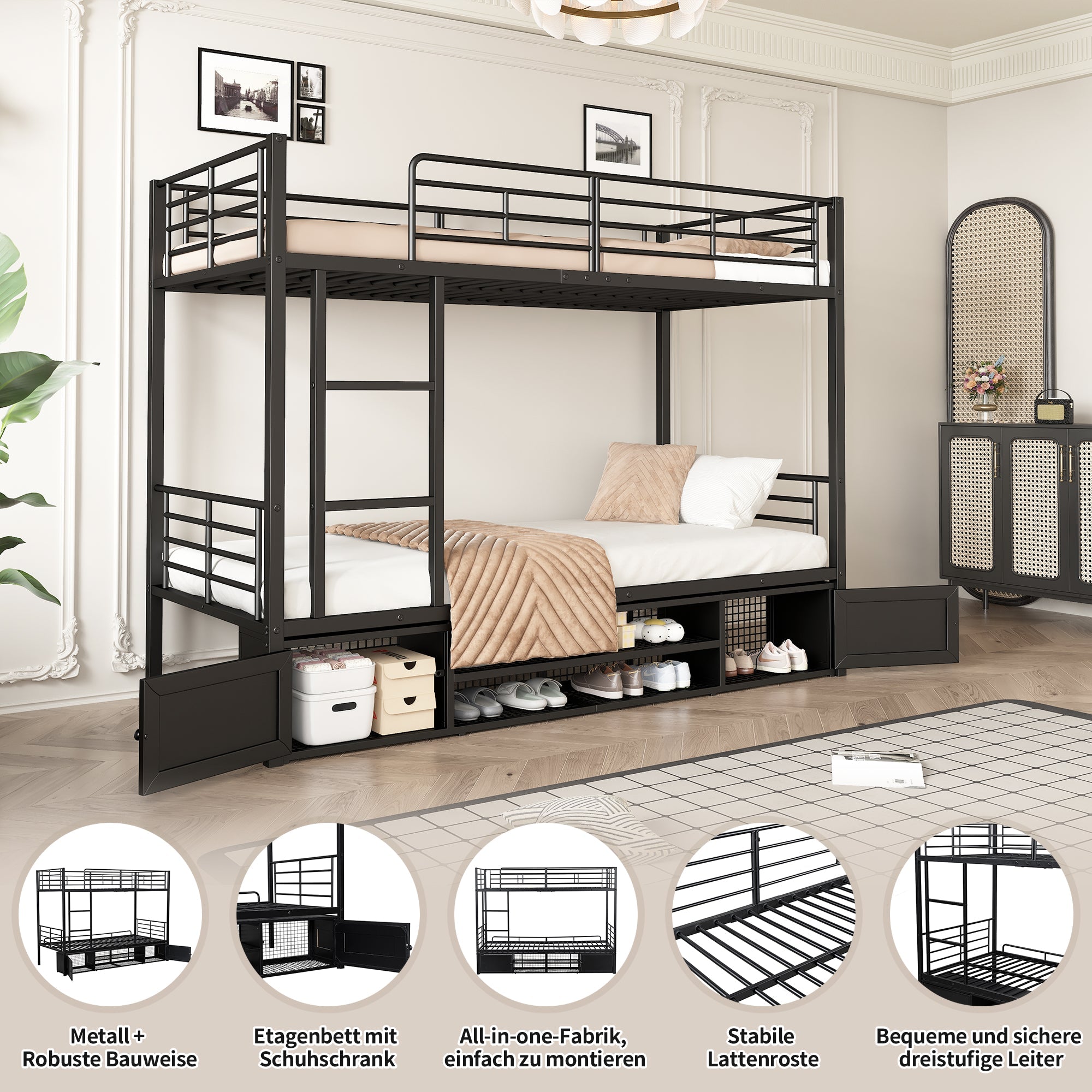 Logidon stapelbed ijzeren frame zwart 90x200 cm met schoenenrek