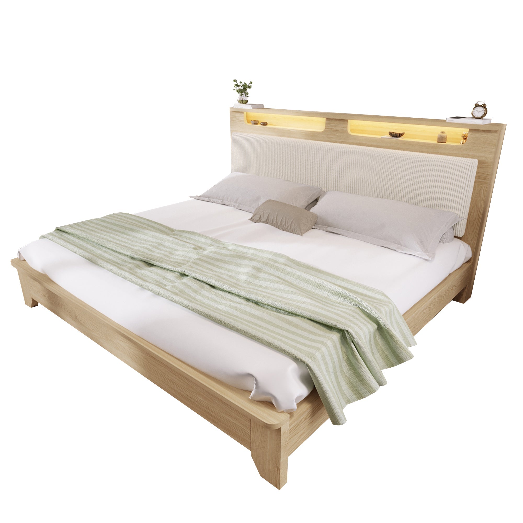 Logidon tweepersoonsbed 140x200 cm beige LED-verlichting hoofdeinde opbergruimte
