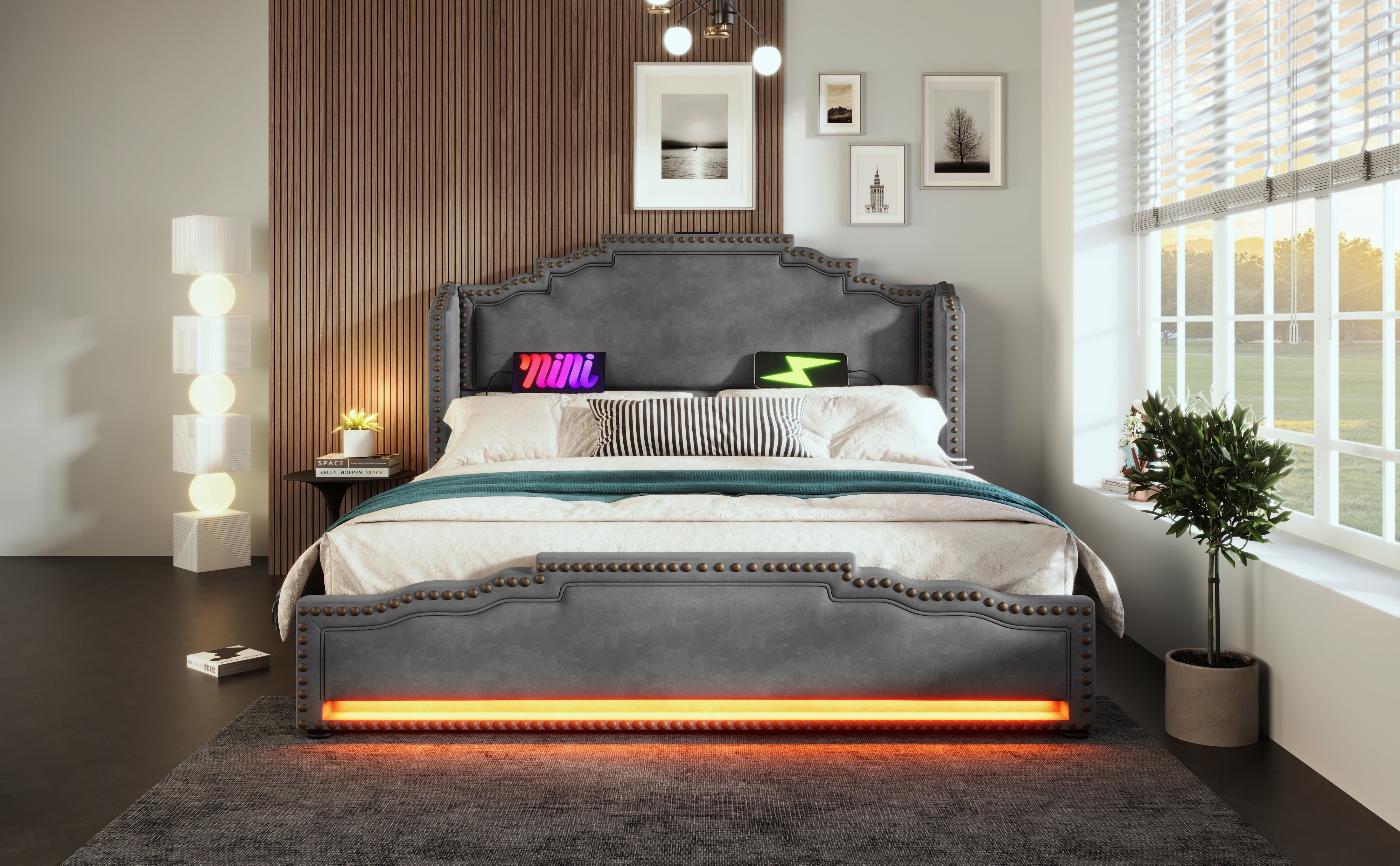Logidon gestoffeerd bed 140x200 fluweelgrijs met 4 oplaad-LED-lampjes USB C