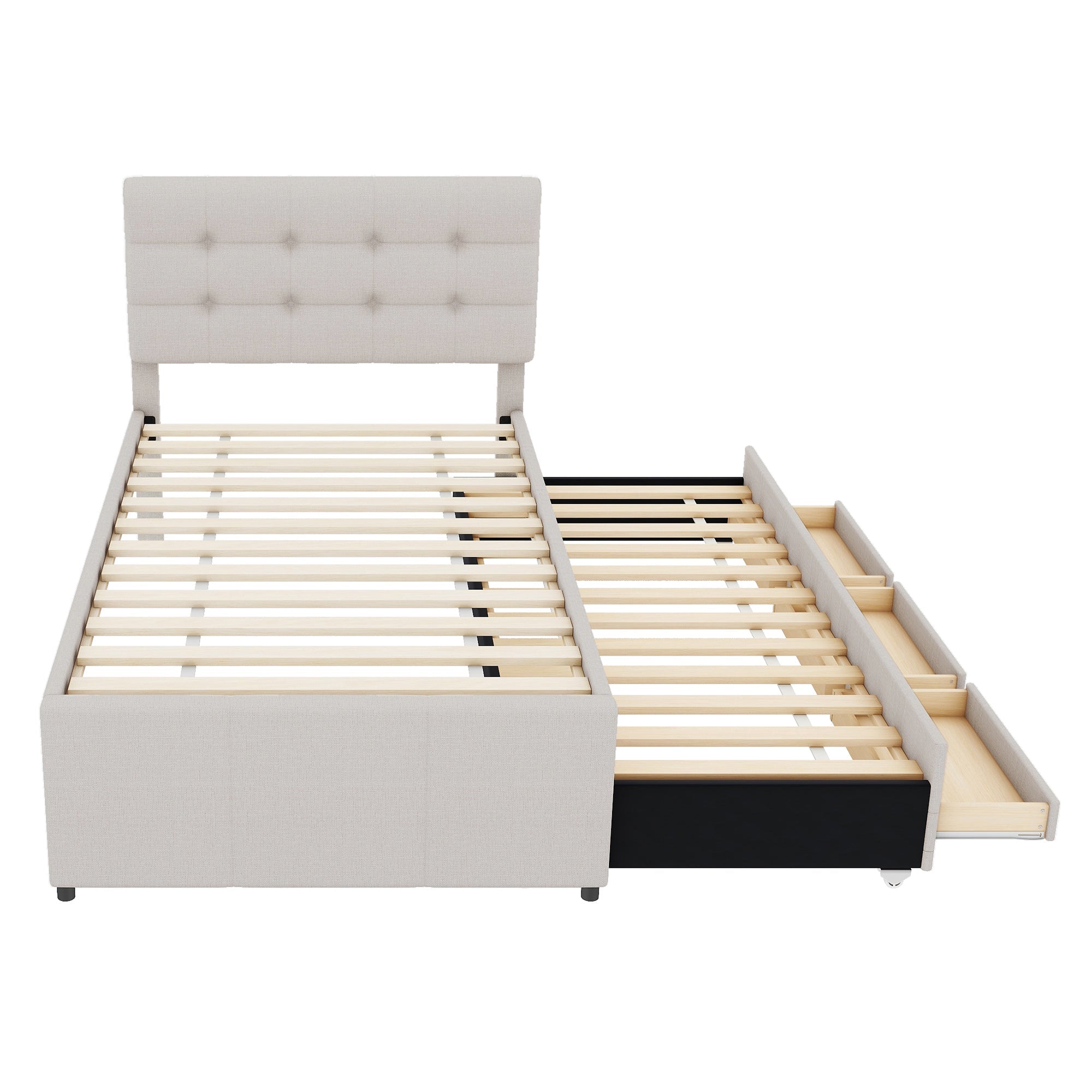 Logidon gestoffeerd bed 90x200 beige uitschuifbaar onderschuifbed 3 lades
