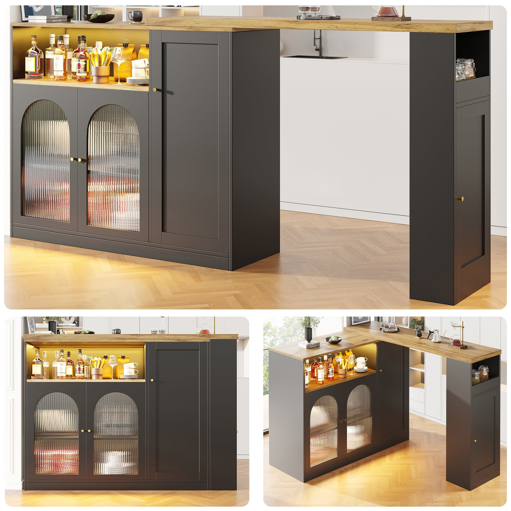 Logidon Draaibare Bartafel Mat Zwart 198x39x97 cm Met LED Glazen Deur