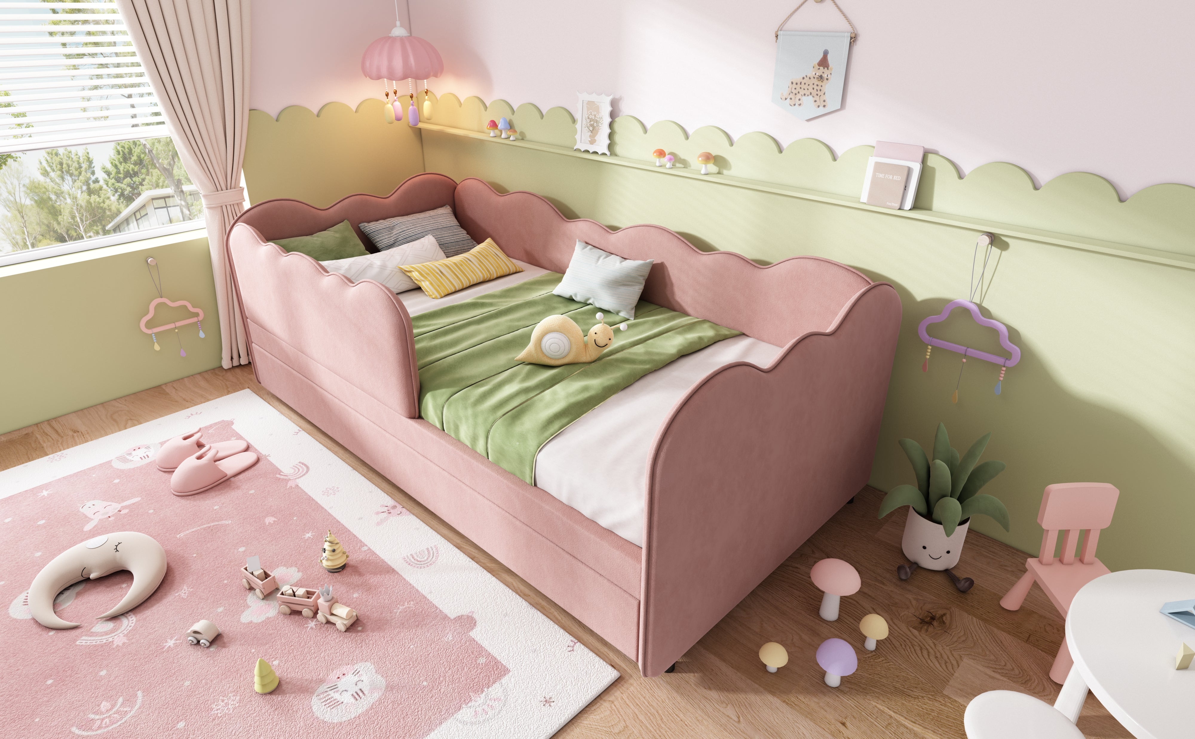 Logidon gestoffeerd dagbed 90x190 roze met uitschuifbaar bed