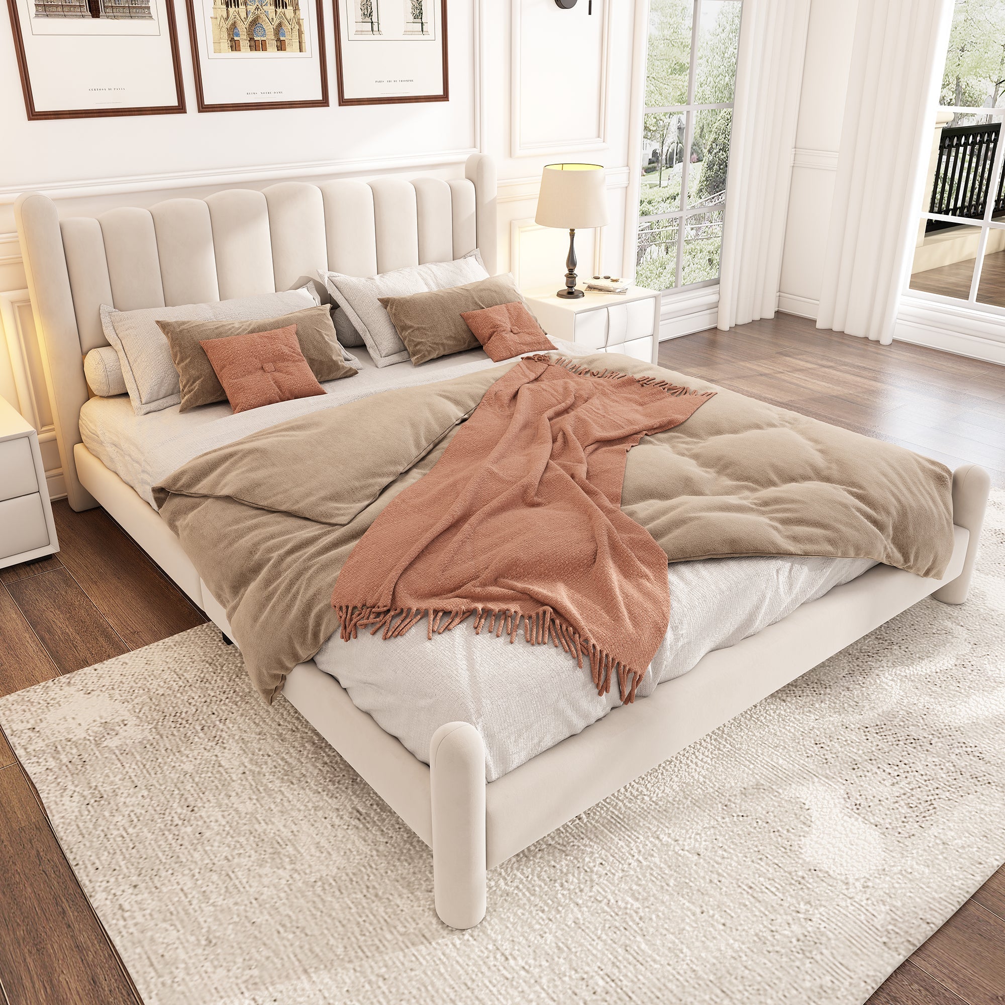 Logidon gestoffeerd bed 160x200 beige fluweel waaierhoofdeinde lattenbodem