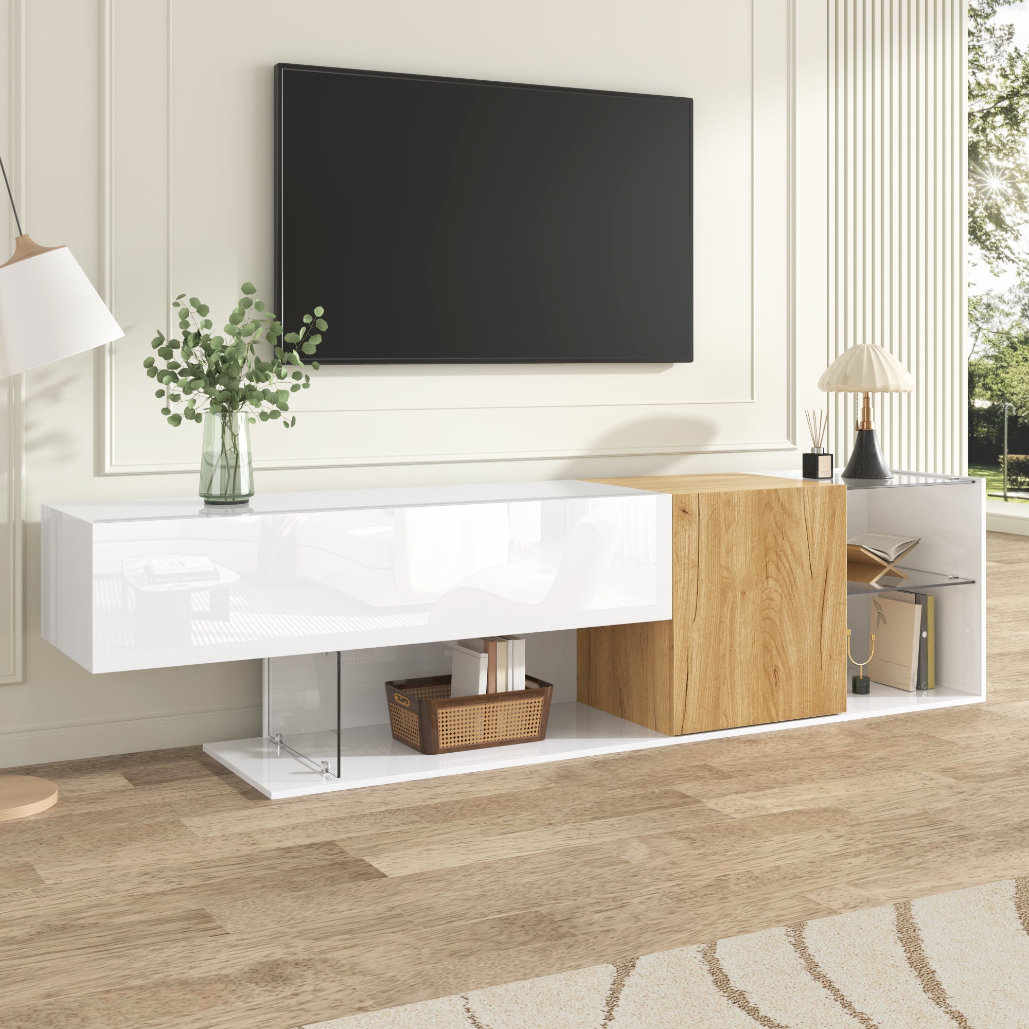 Logidon Modern TV-dressoir Wit Hoogglans Houtlook Glazen Planken 180cm