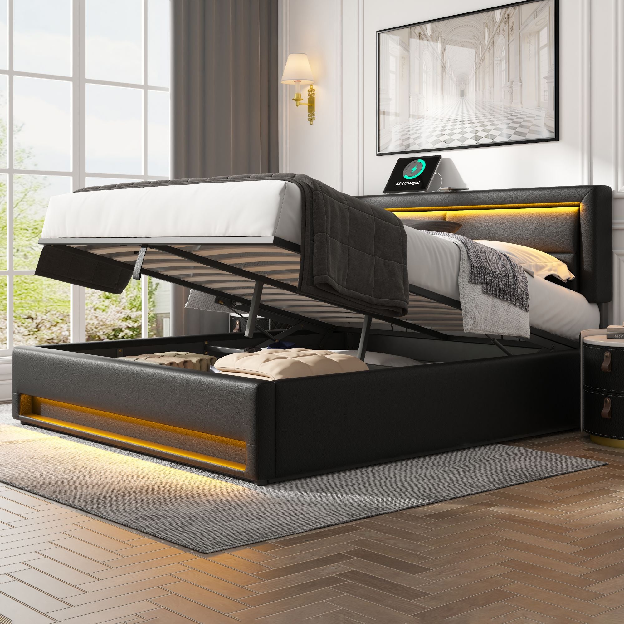 Logidon upholstered bed 140x200 black LED USB charging port storage space