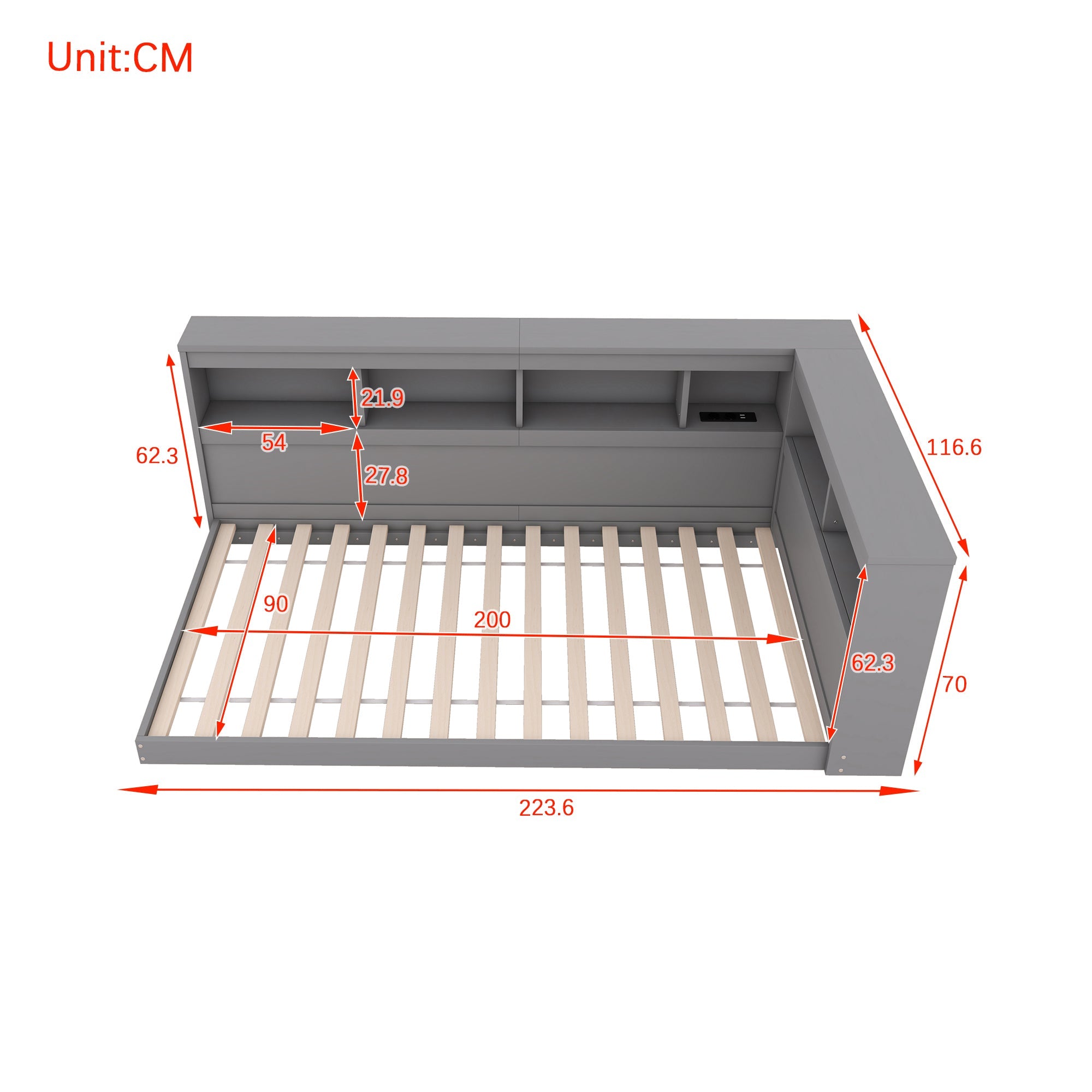 Logidon daybed 90x200 grijs inclusief stopcontact en USB lattenbodem