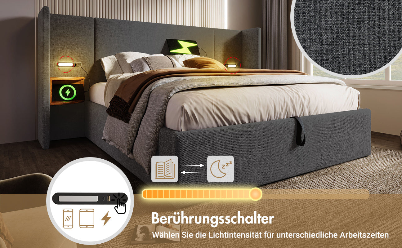 Logidon gestoffeerd bed tweepersoonsbed 180x200 grijs linnen nachtkastje USB C