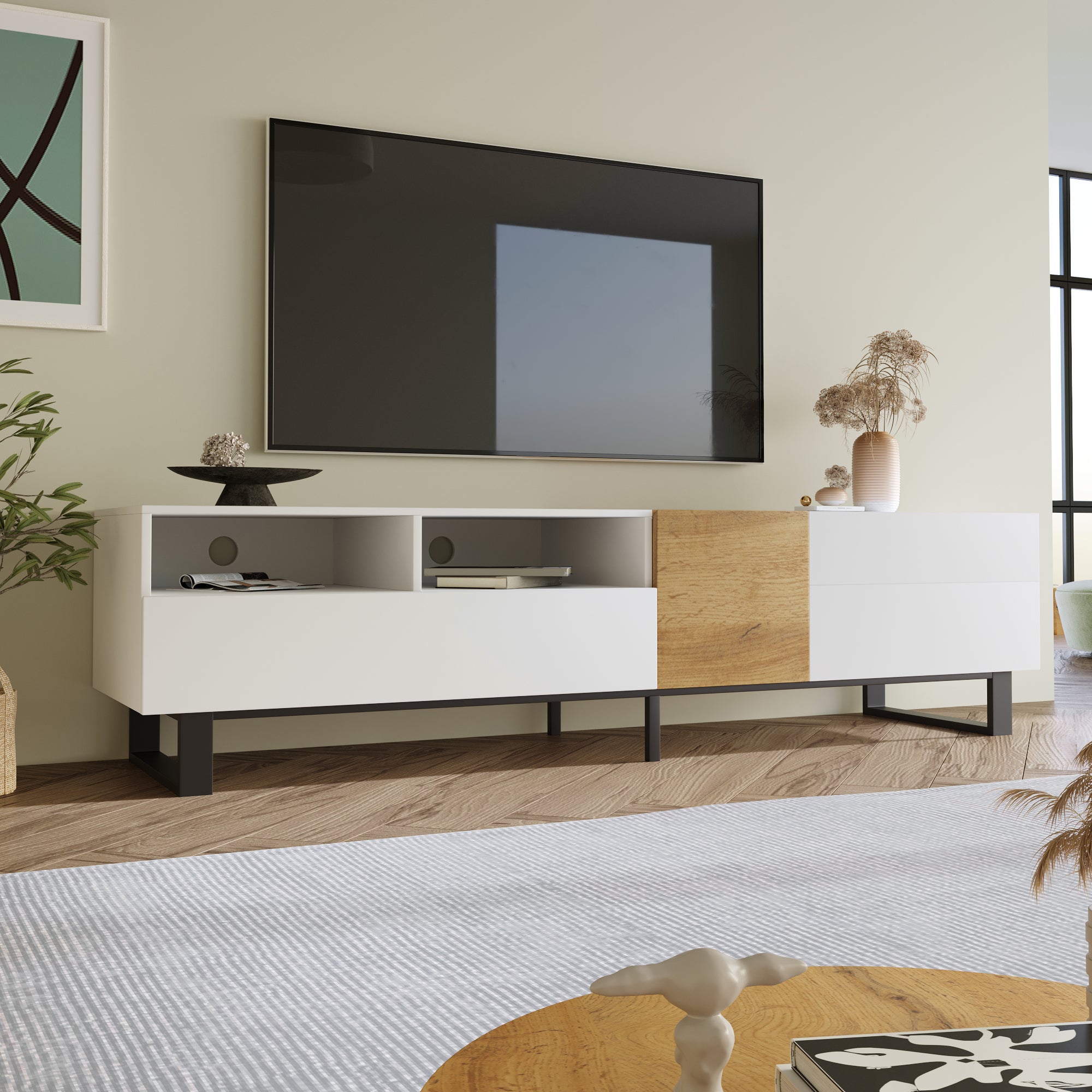Logidon Modern TV cabinet white wood look 180x50x38 cm