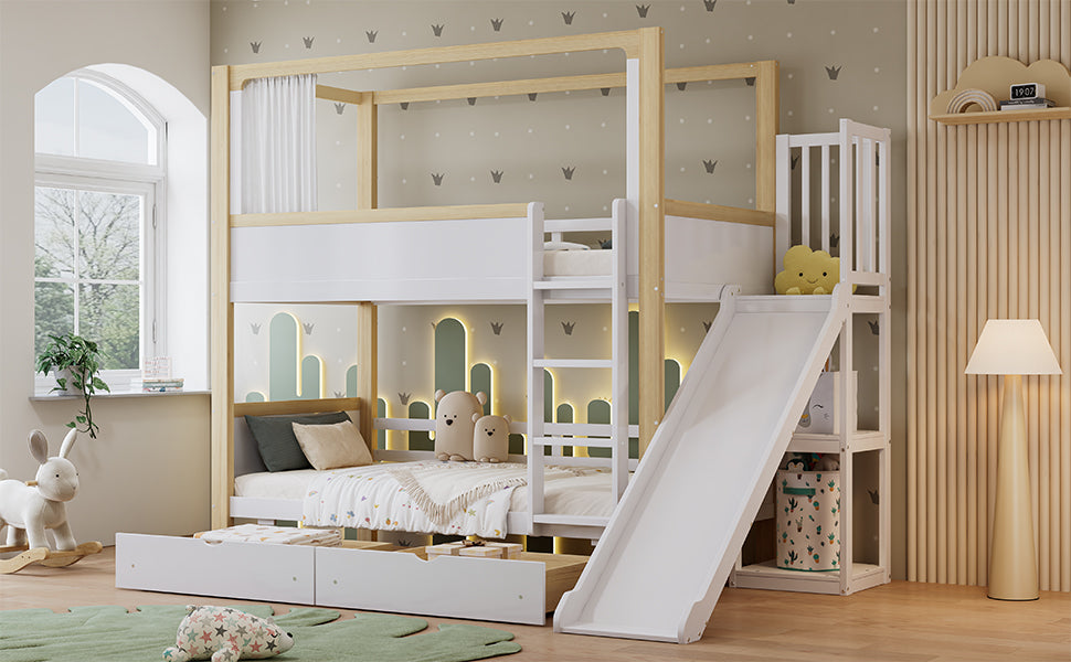 Logidon stapelbed 90x200 wit naturel met glijbaan en lades